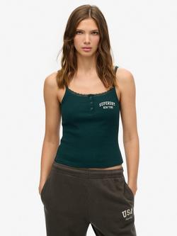 Superdry Athletic Essentials Embroidered Button Cami Top, Dark Pine Green