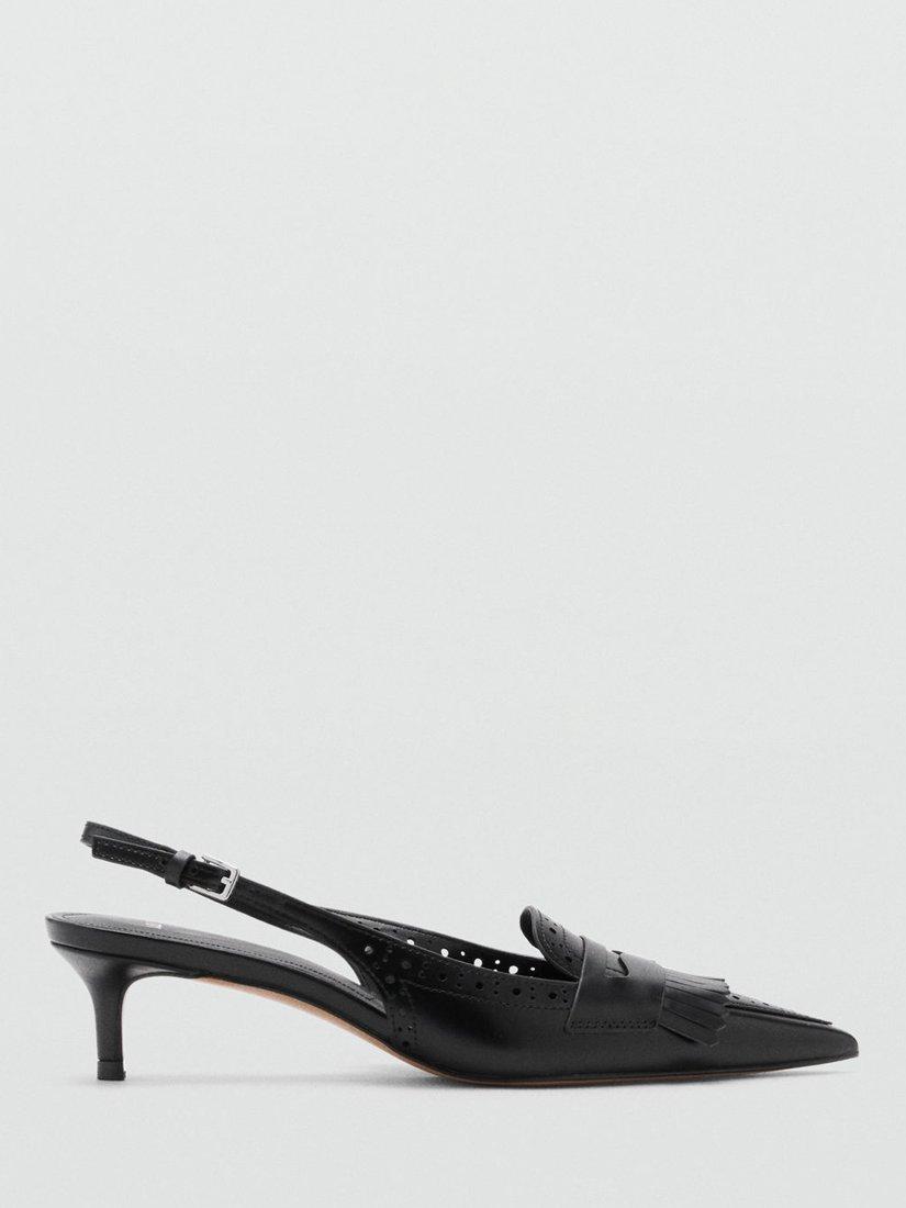 Product image 1 of 4, which shows Mango Loa Fringe Detail Kitten Heel Court Shoes, Black, 4