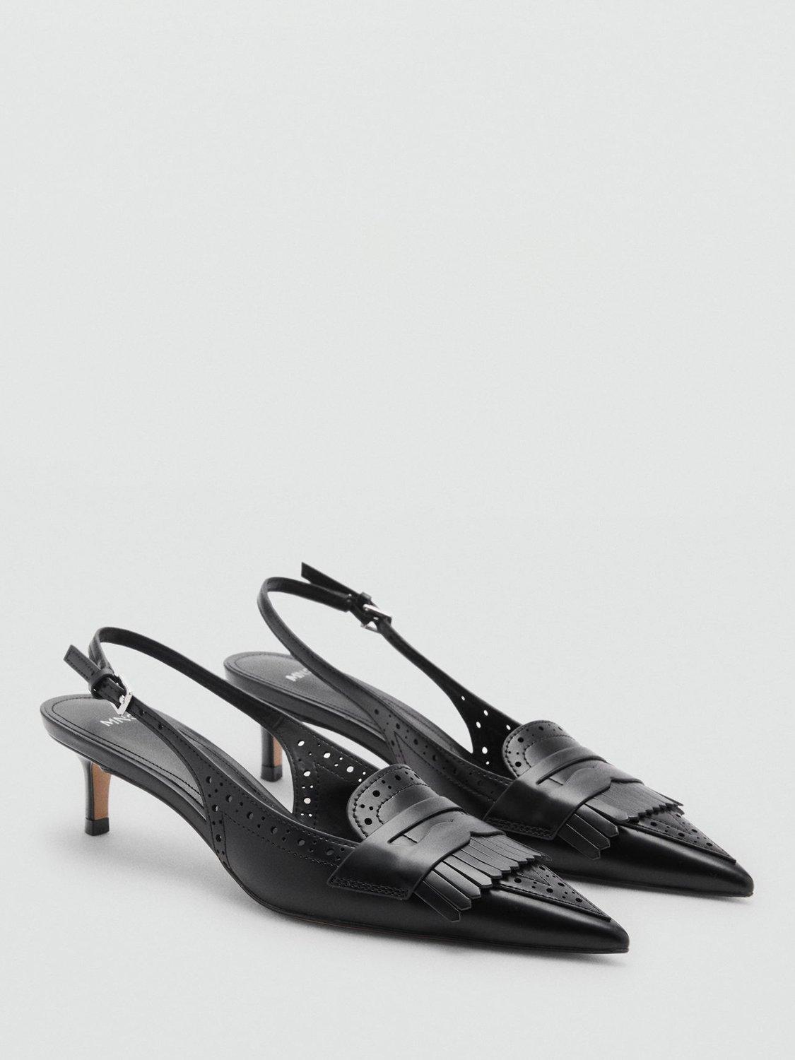 Product image 2 of 4, which shows Mango Loa Fringe Detail Kitten Heel Court Shoes, Black, 4