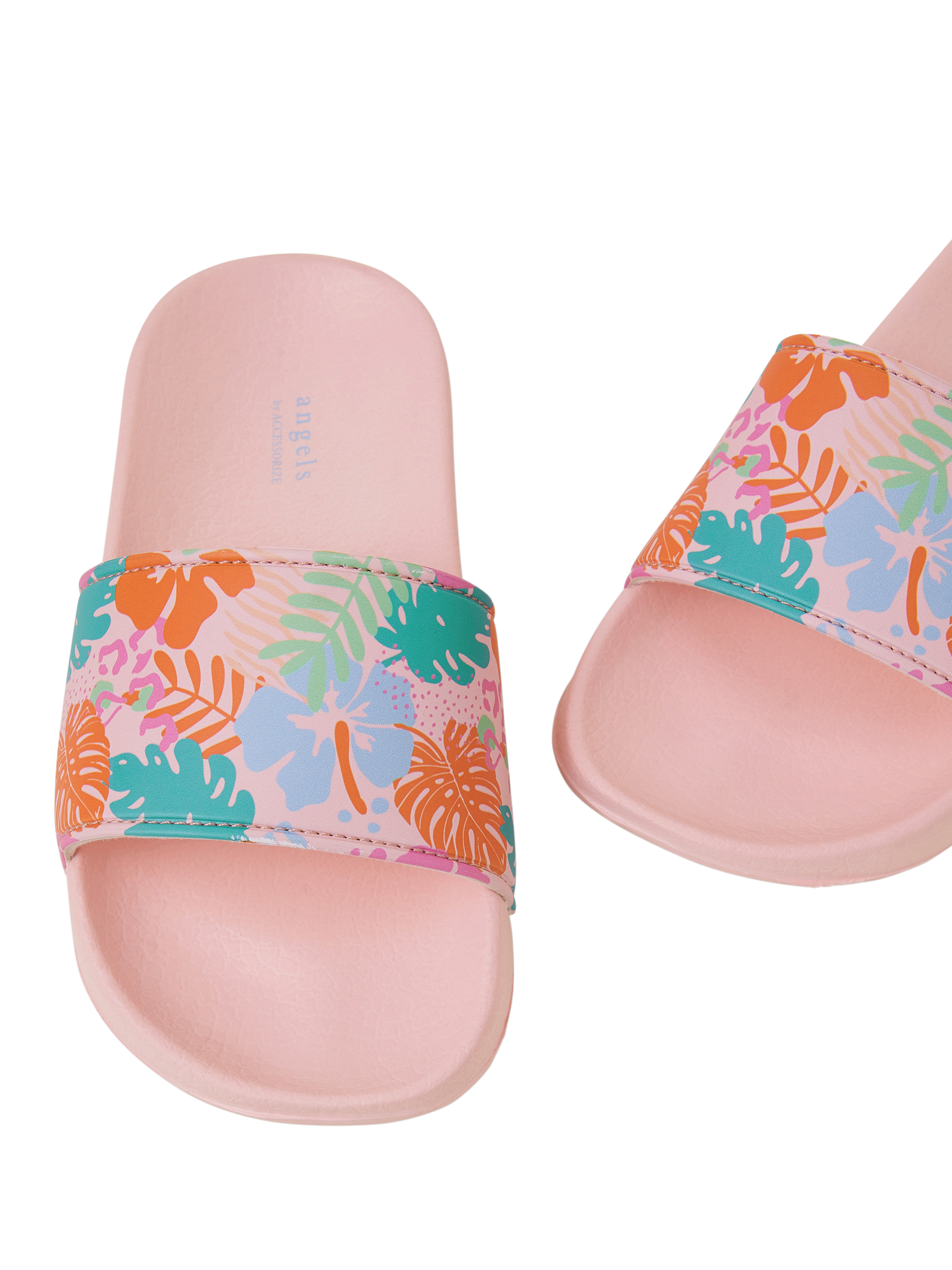 Product image 3 of 3, which shows Angels by Accessorize Kids' Tropical Print Sliders, Brights Multi, 7-8