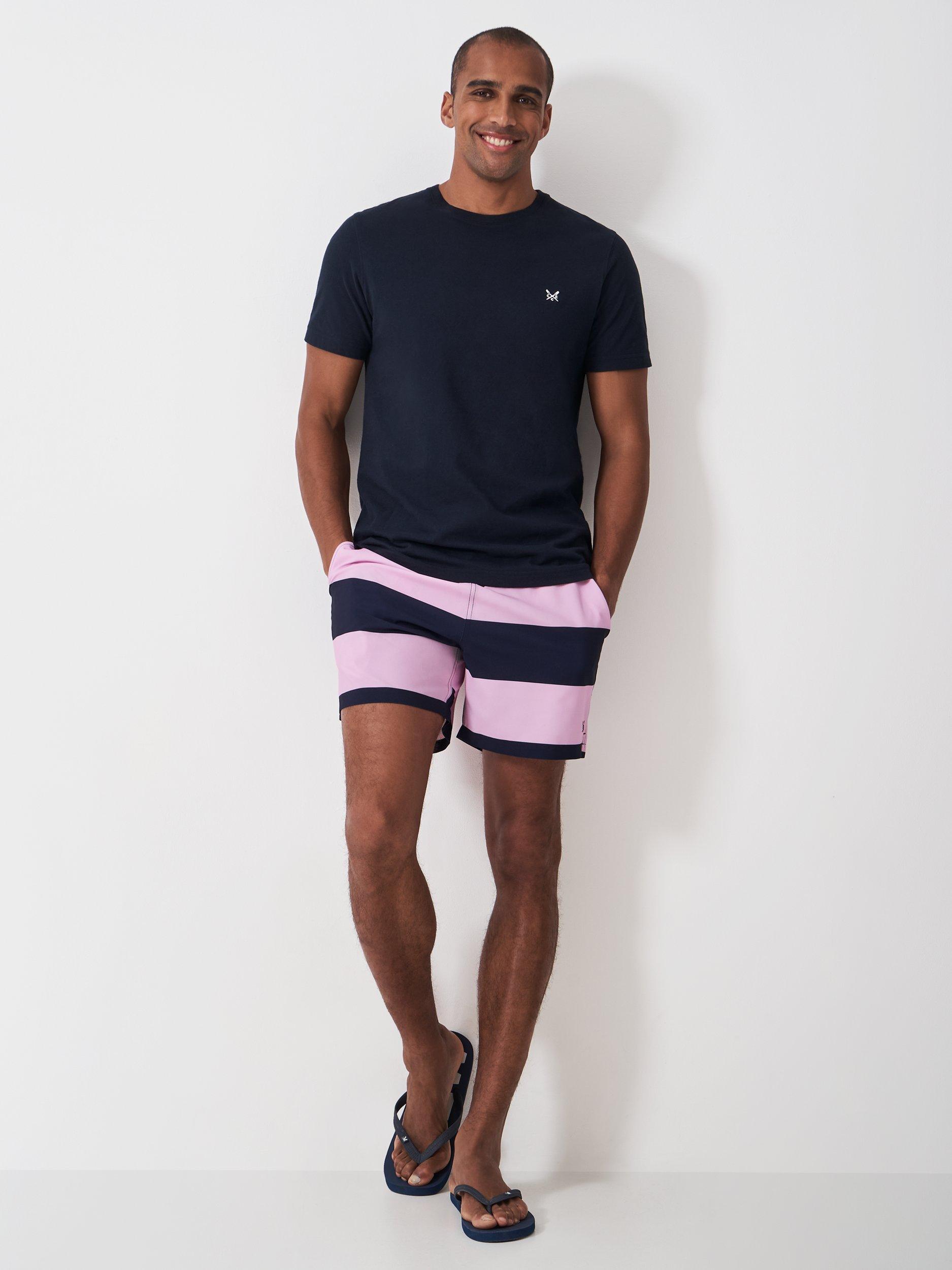 Product image 2 of 4, which shows Crew Clothing Broad Stripe Swim Shorts, Navy/Pink, XS