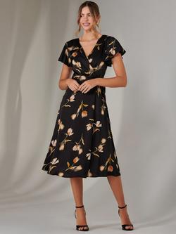 Jolie Moi Floral Wrap Front Dress, Black, Black