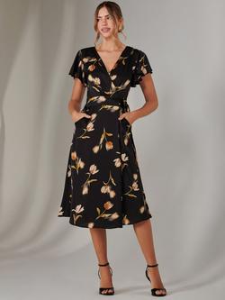 Jolie Moi Floral Wrap Front Dress, Black - view 2, Black