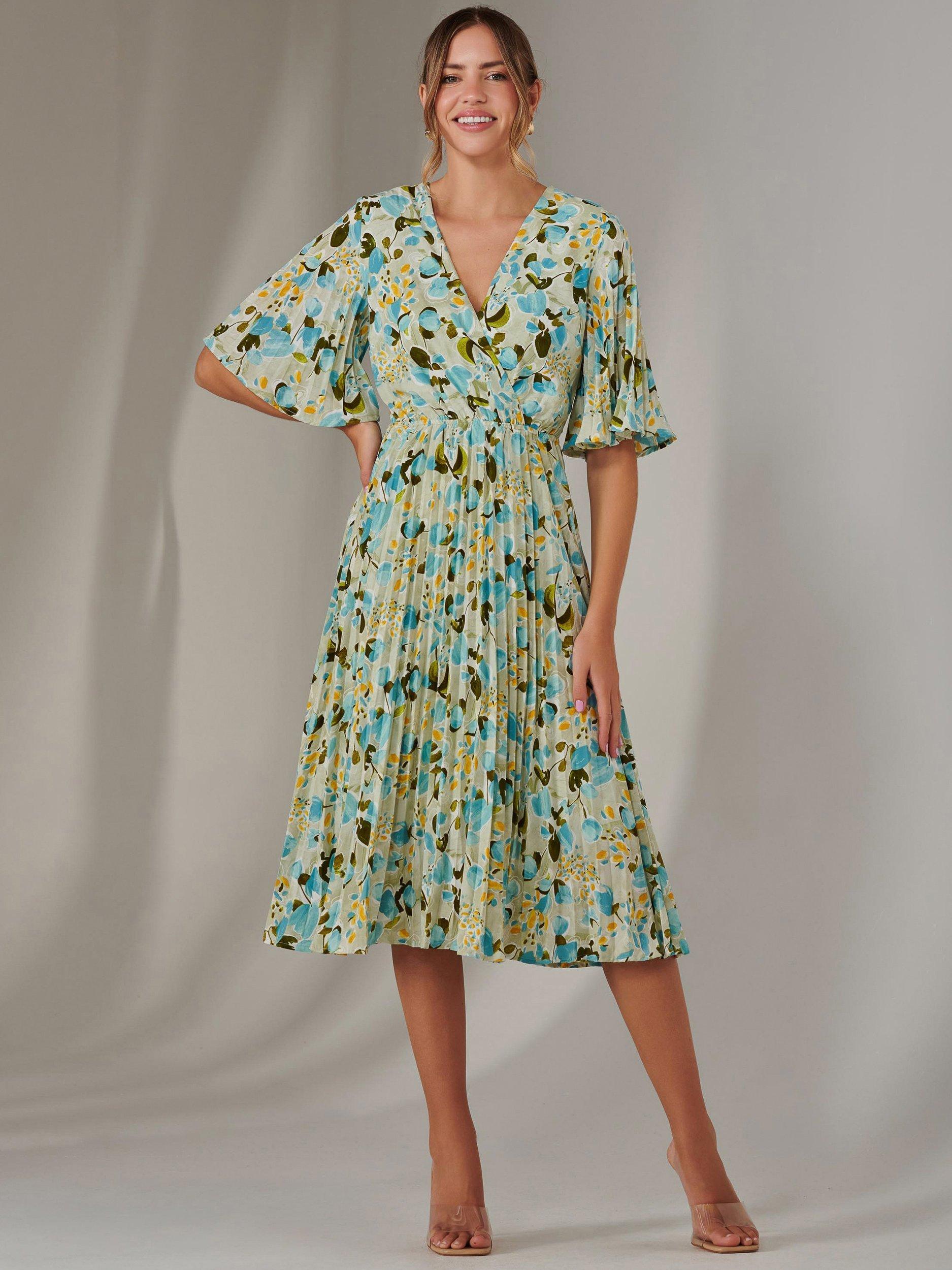 Product image 1 of 7, which shows Jolie Moi Floral Pleated Dress, Blue, 8