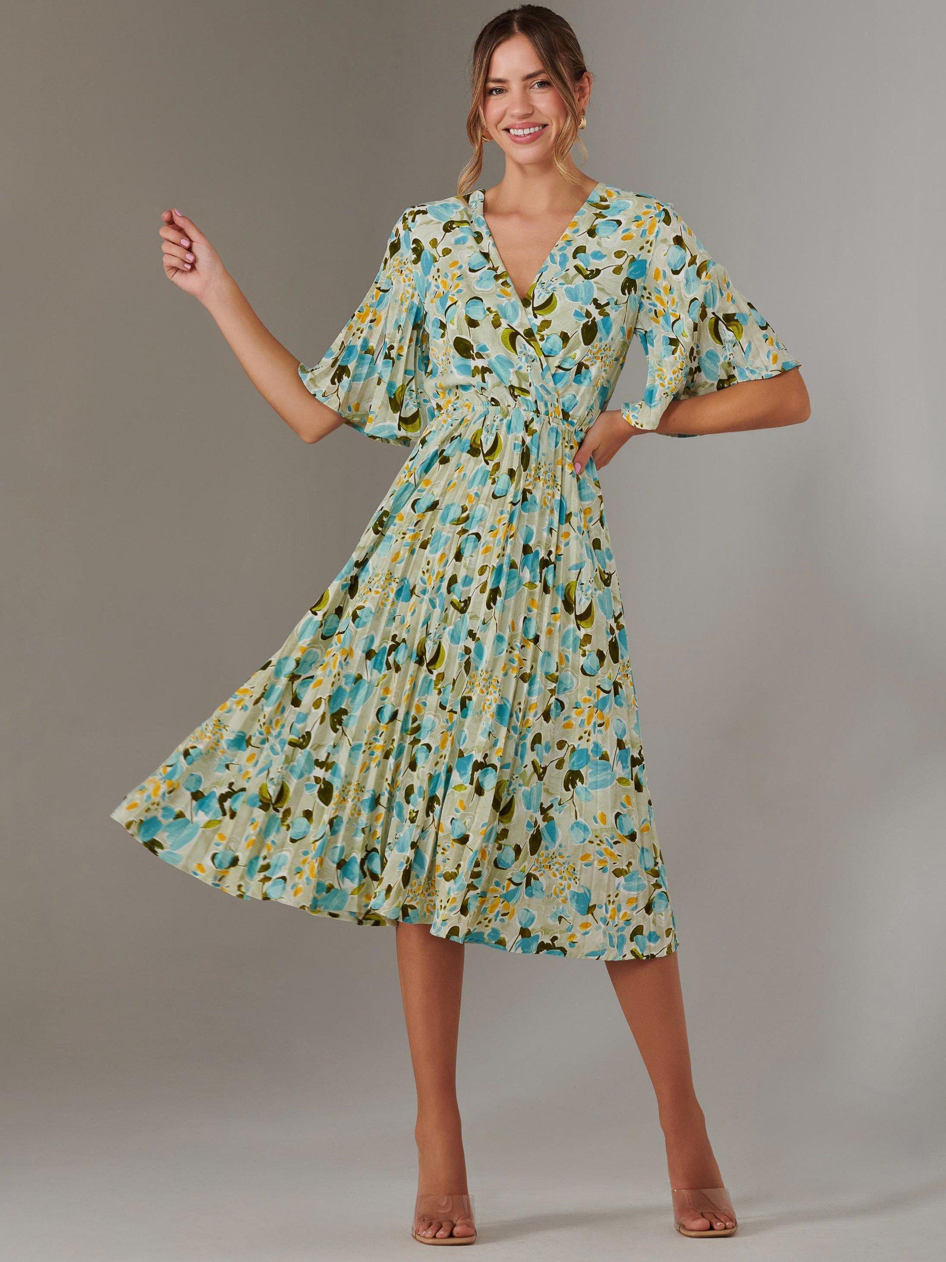 Product image 5 of 7, which shows Jolie Moi Floral Pleated Dress, Blue, 8