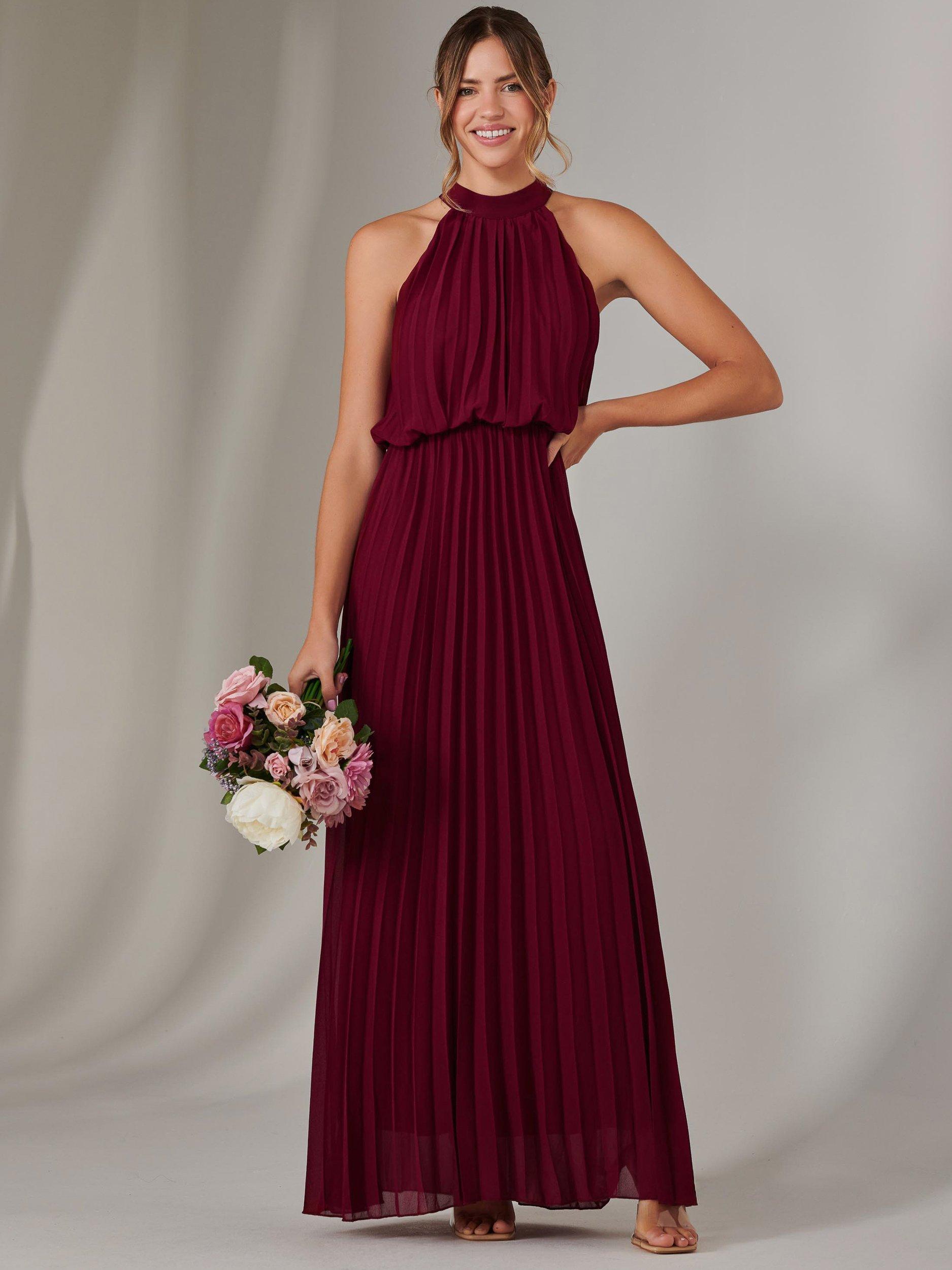 Product image 1 of 6, which shows Jolie Moi Pleated Bridesmaid Maxi Dress, Burgundy, 8
