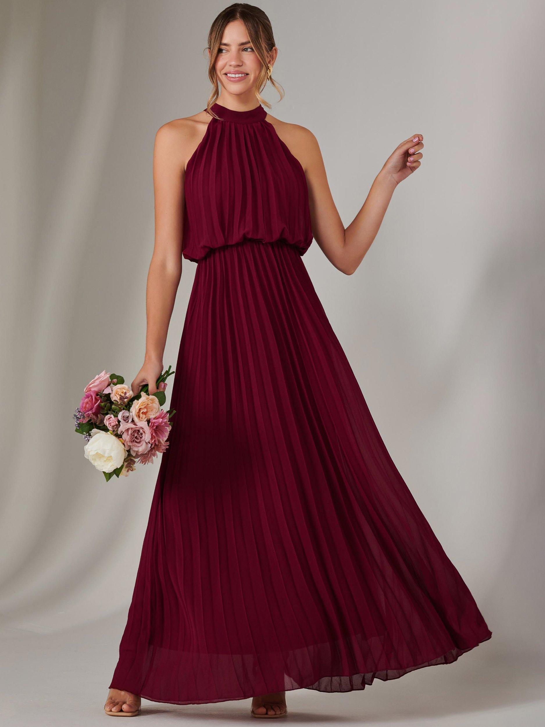 Product image 5 of 6, which shows Jolie Moi Pleated Bridesmaid Maxi Dress, Burgundy, 8