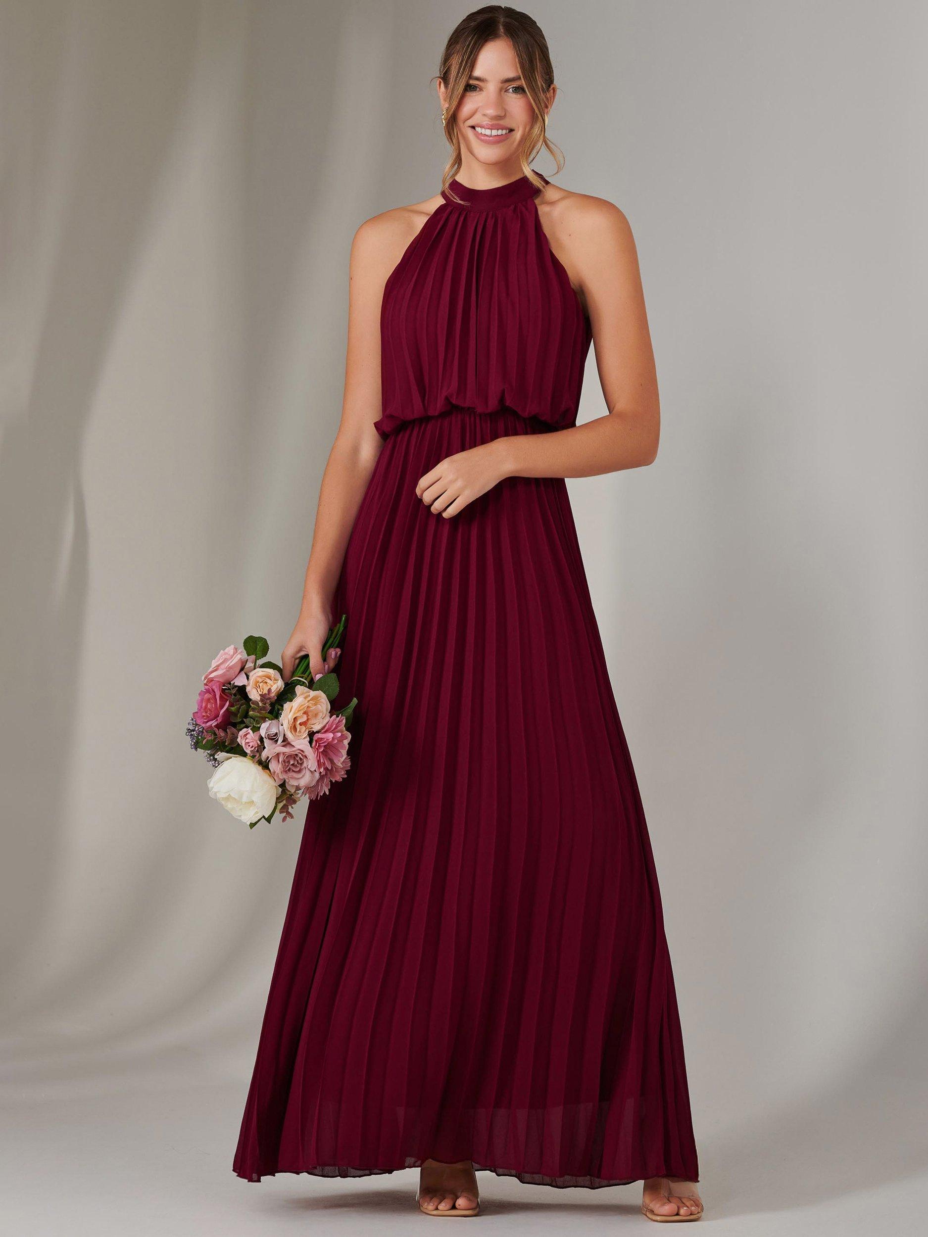 Product image 6 of 6, which shows Jolie Moi Pleated Bridesmaid Maxi Dress, Burgundy, 8
