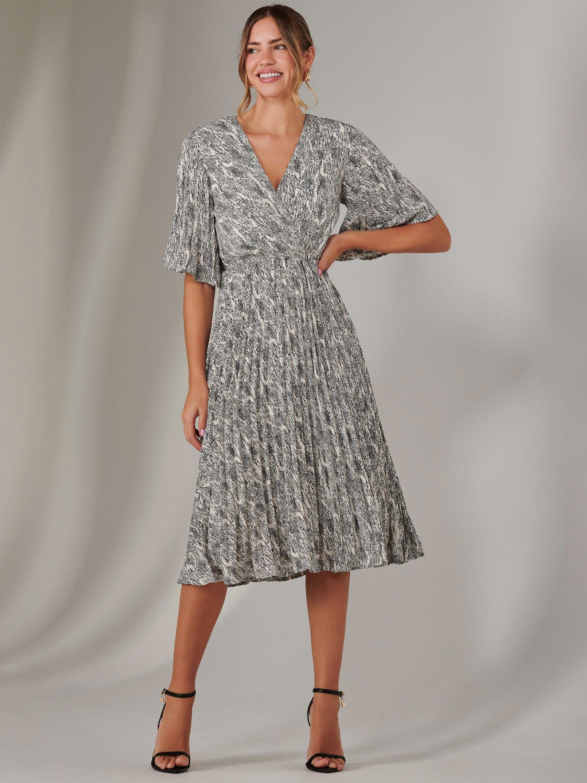 Product image 1 of 6, which shows Jolie Moi Abstract Pleated Midi Dress, Cream/Black, 8