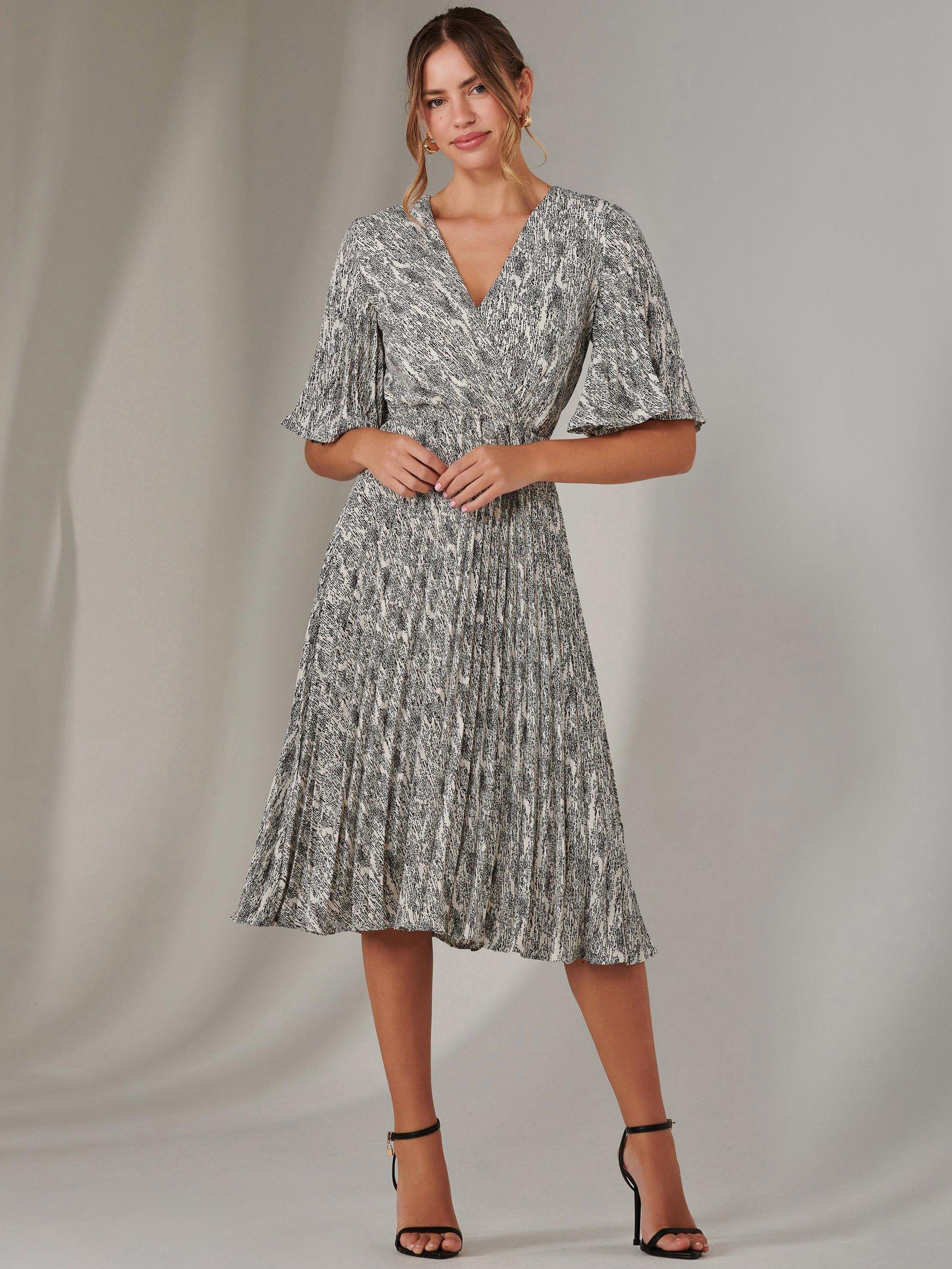Product image 2 of 6, which shows Jolie Moi Abstract Pleated Midi Dress, Cream/Black, 8