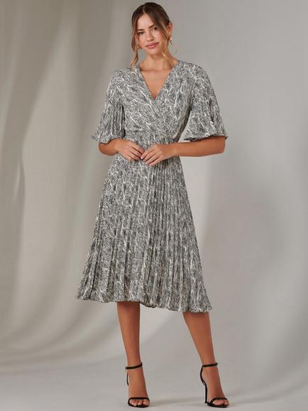 Jolie Moi Abstract Pleated Midi Dress, Cream/Black - view 2, Cream/Black