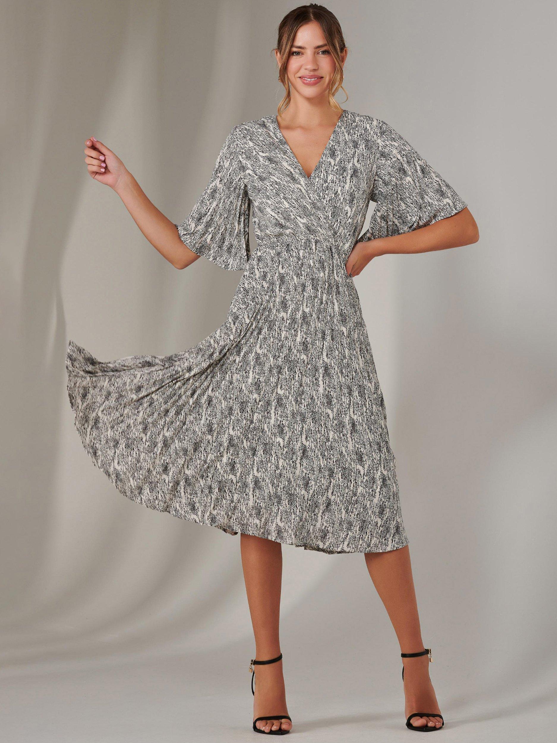 Product image 5 of 6, which shows Jolie Moi Abstract Pleated Midi Dress, Cream/Black, 8