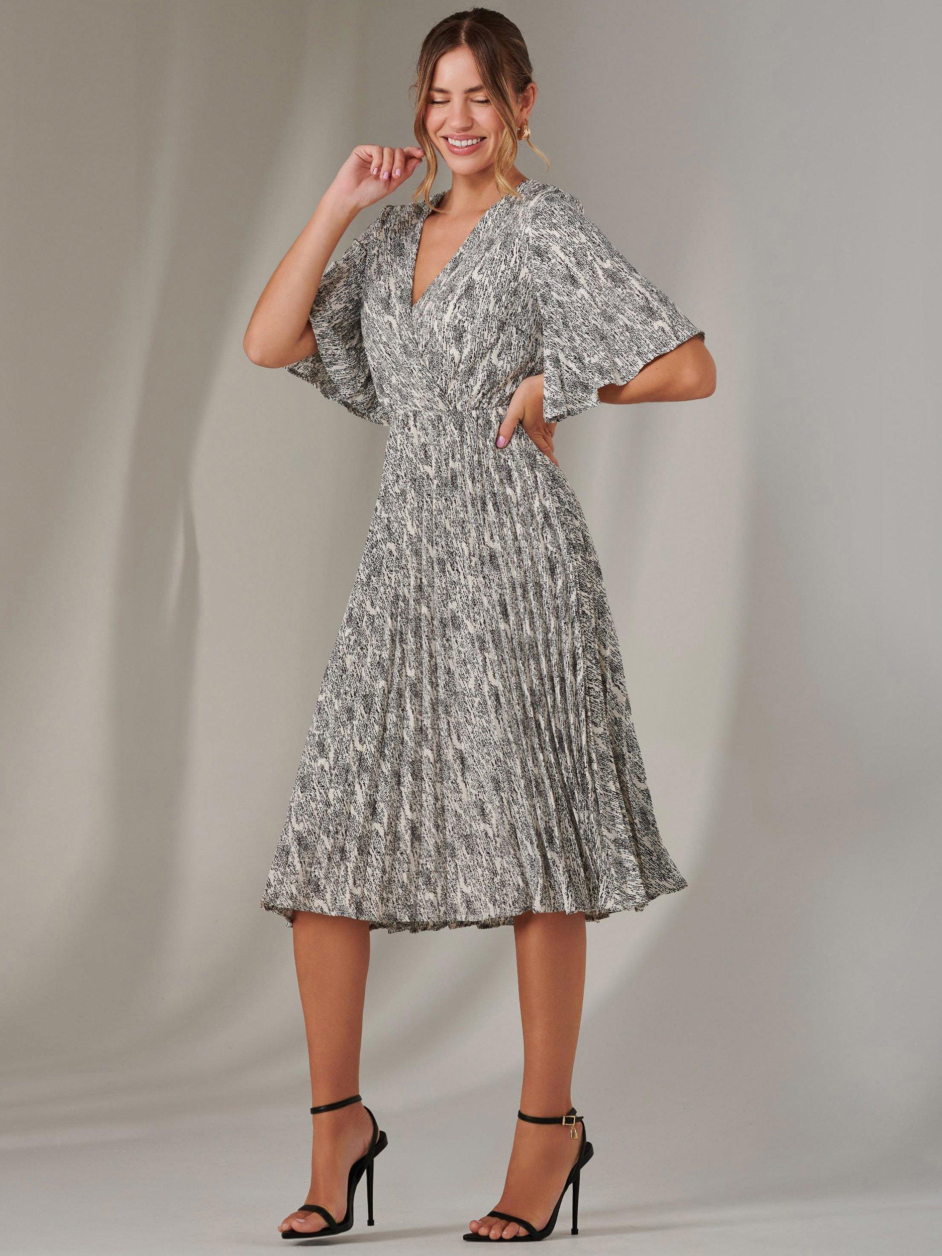 Product image 6 of 6, which shows Jolie Moi Abstract Pleated Midi Dress, Cream/Black, 8