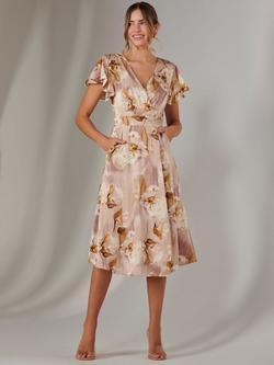 Jolie Moi Floral Wrap Front Midi Dress, Dusty Pink - view 2, Dusty Pink