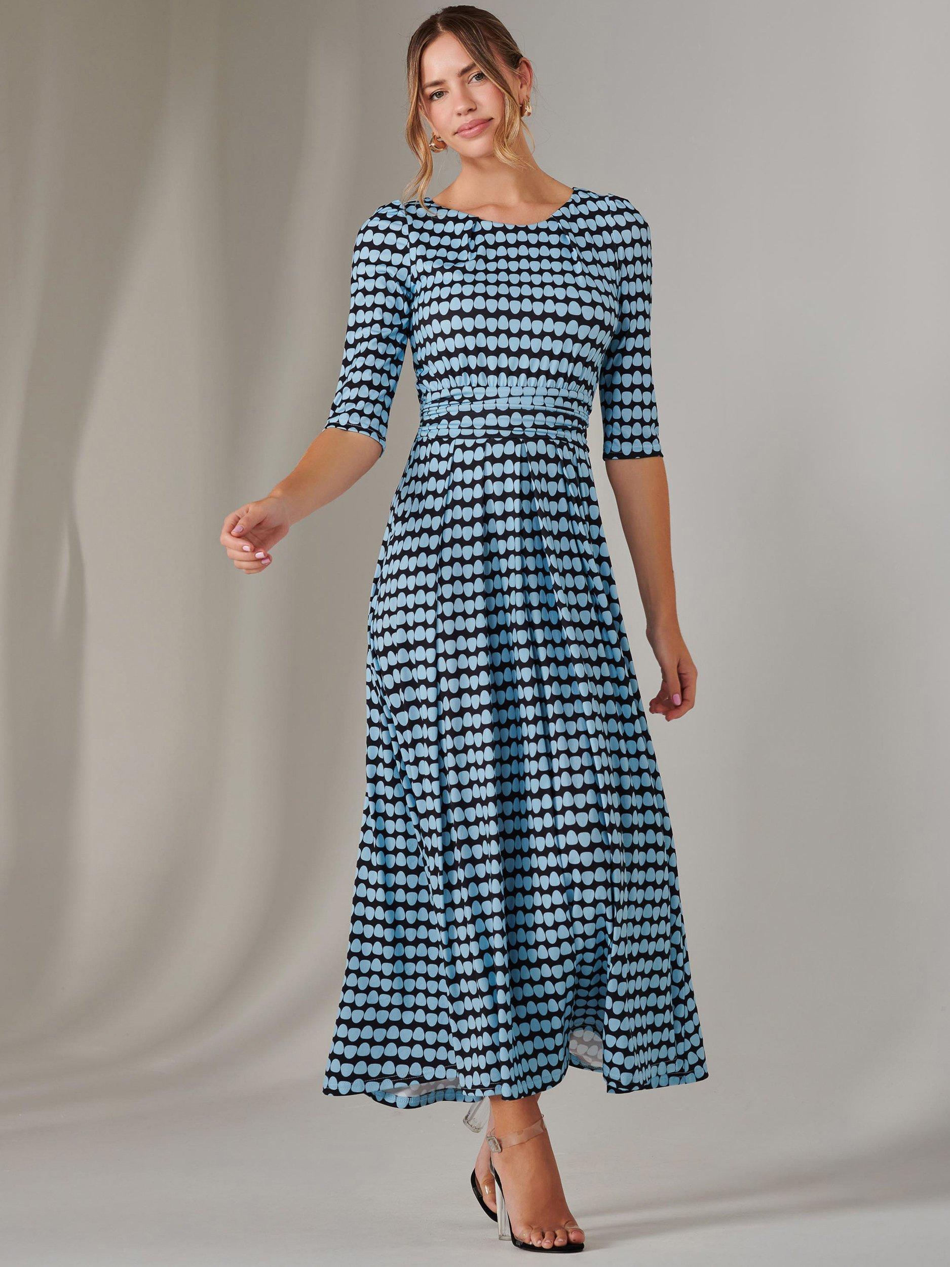 Product image 1 of 7, which shows Jolie Moi Enya Geometric Midaxi Dress, Blue, 8