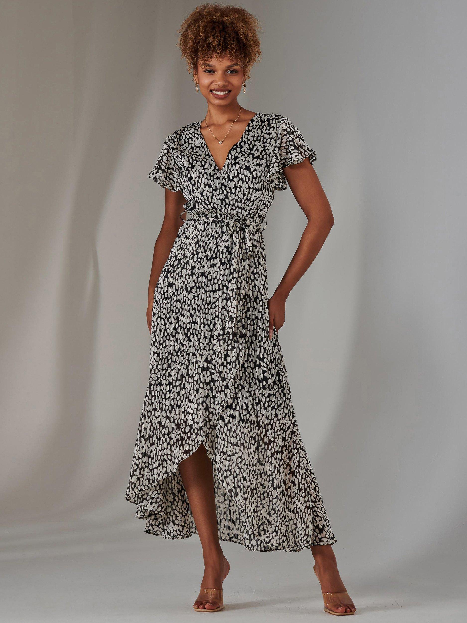 Product image 1 of 6, which shows Jolie Moi Spot Chiffon Wrap Dress, Black, 8