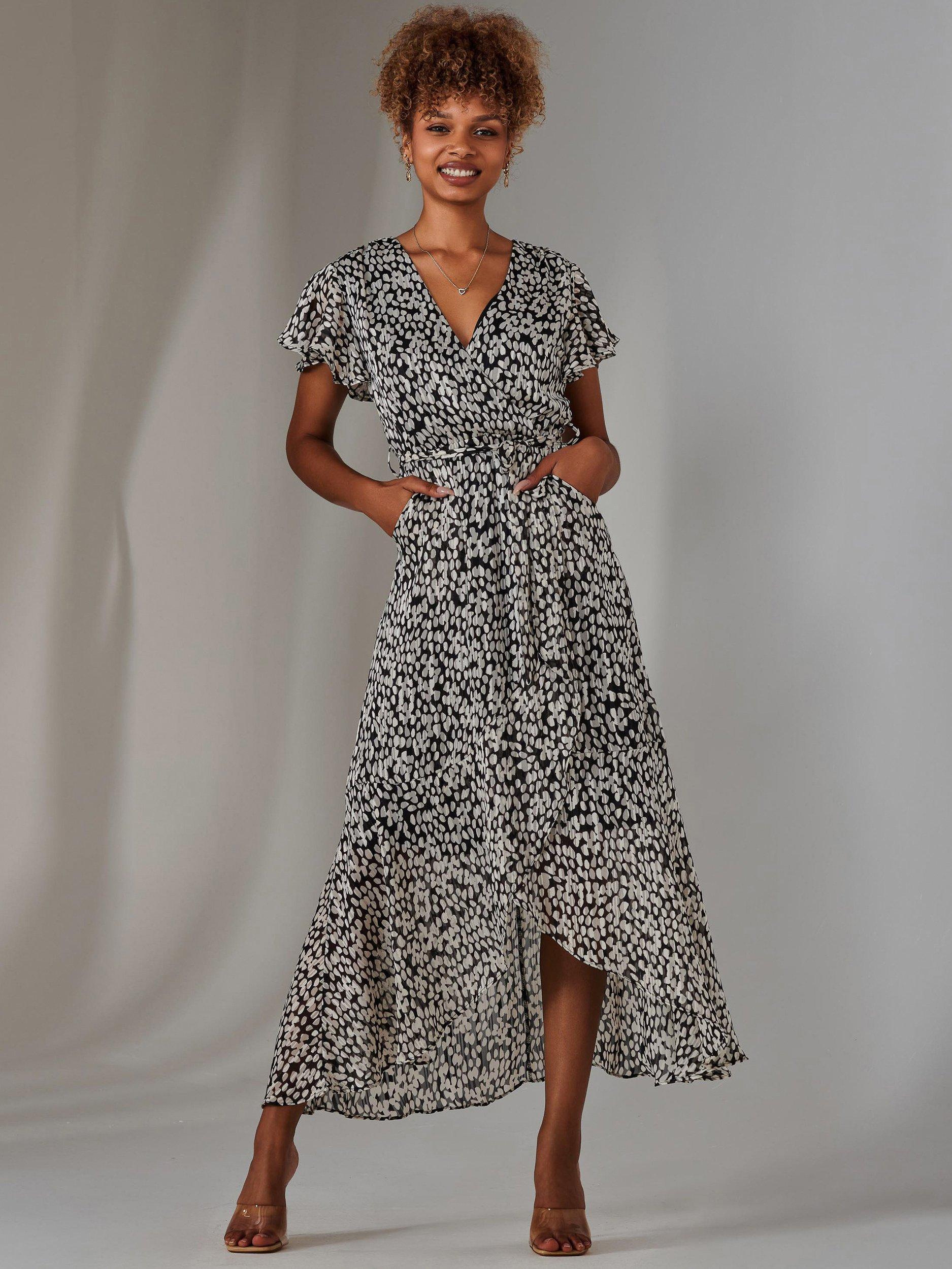 Product image 2 of 6, which shows Jolie Moi Spot Chiffon Wrap Dress, Black, 8