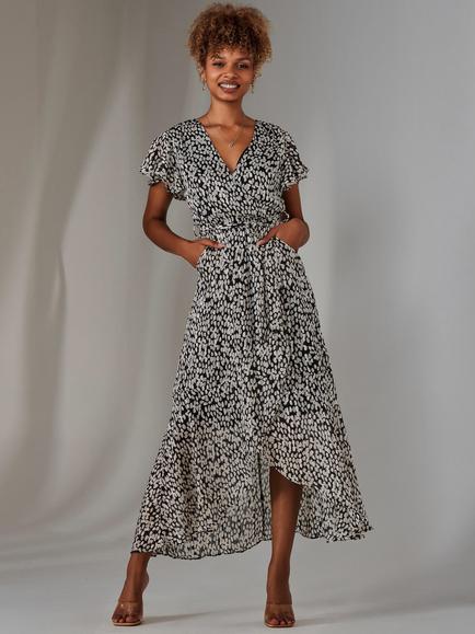 Jolie Moi Spot Chiffon Wrap Dress, Black - view 2, Black