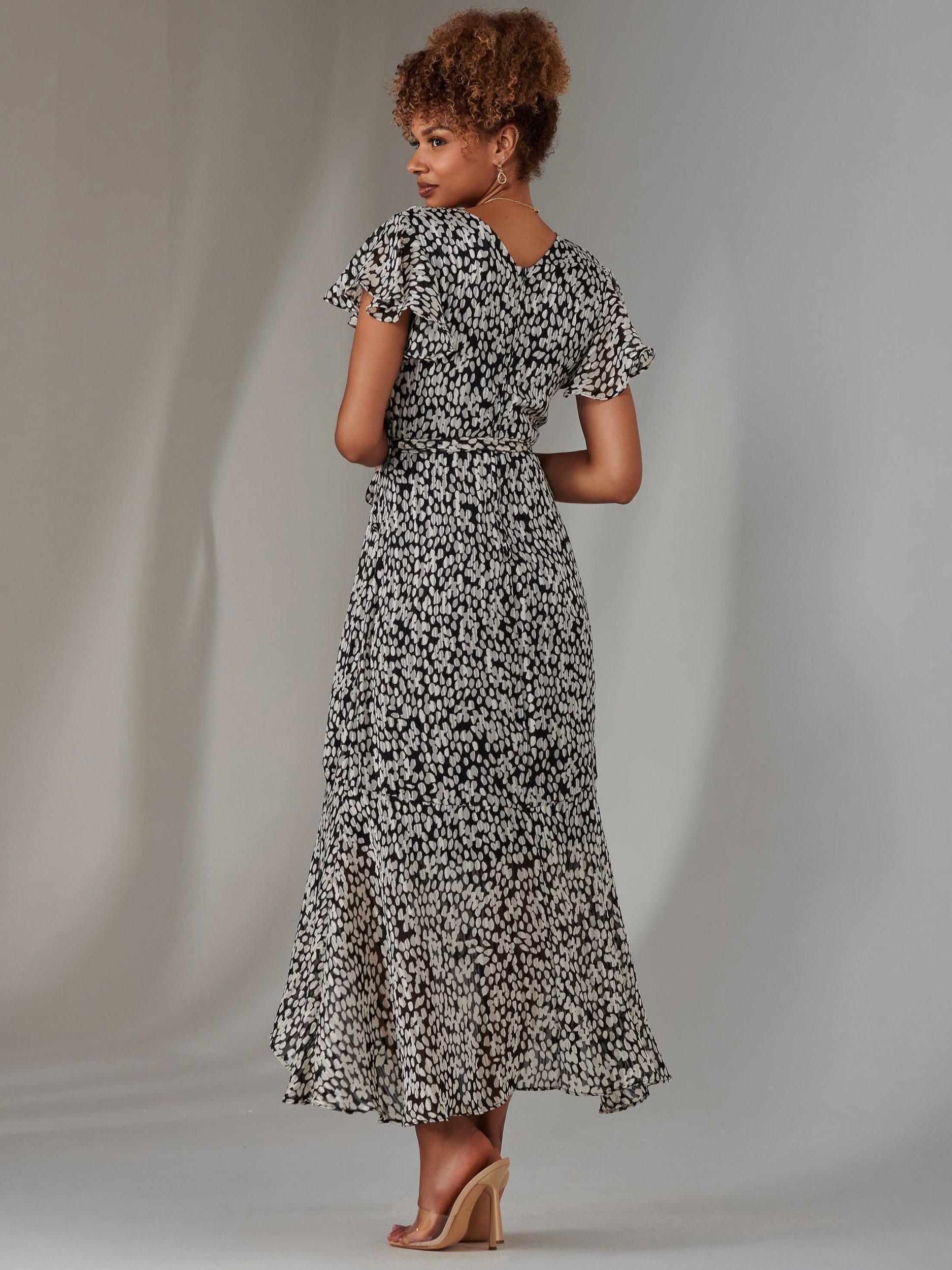 Product image 3 of 6, which shows Jolie Moi Spot Chiffon Wrap Dress, Black, 8