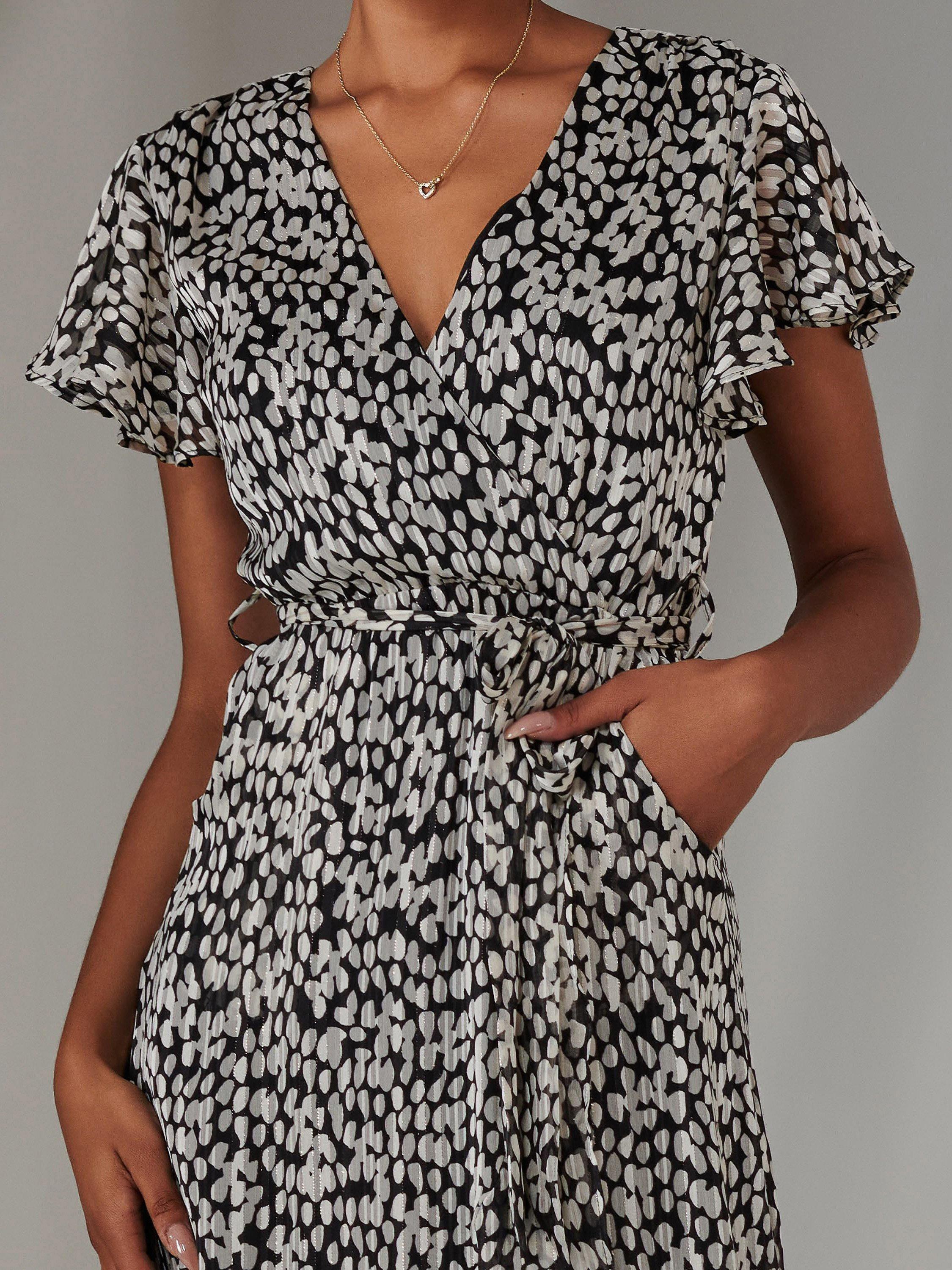 Product image 4 of 6, which shows Jolie Moi Spot Chiffon Wrap Dress, Black, 8