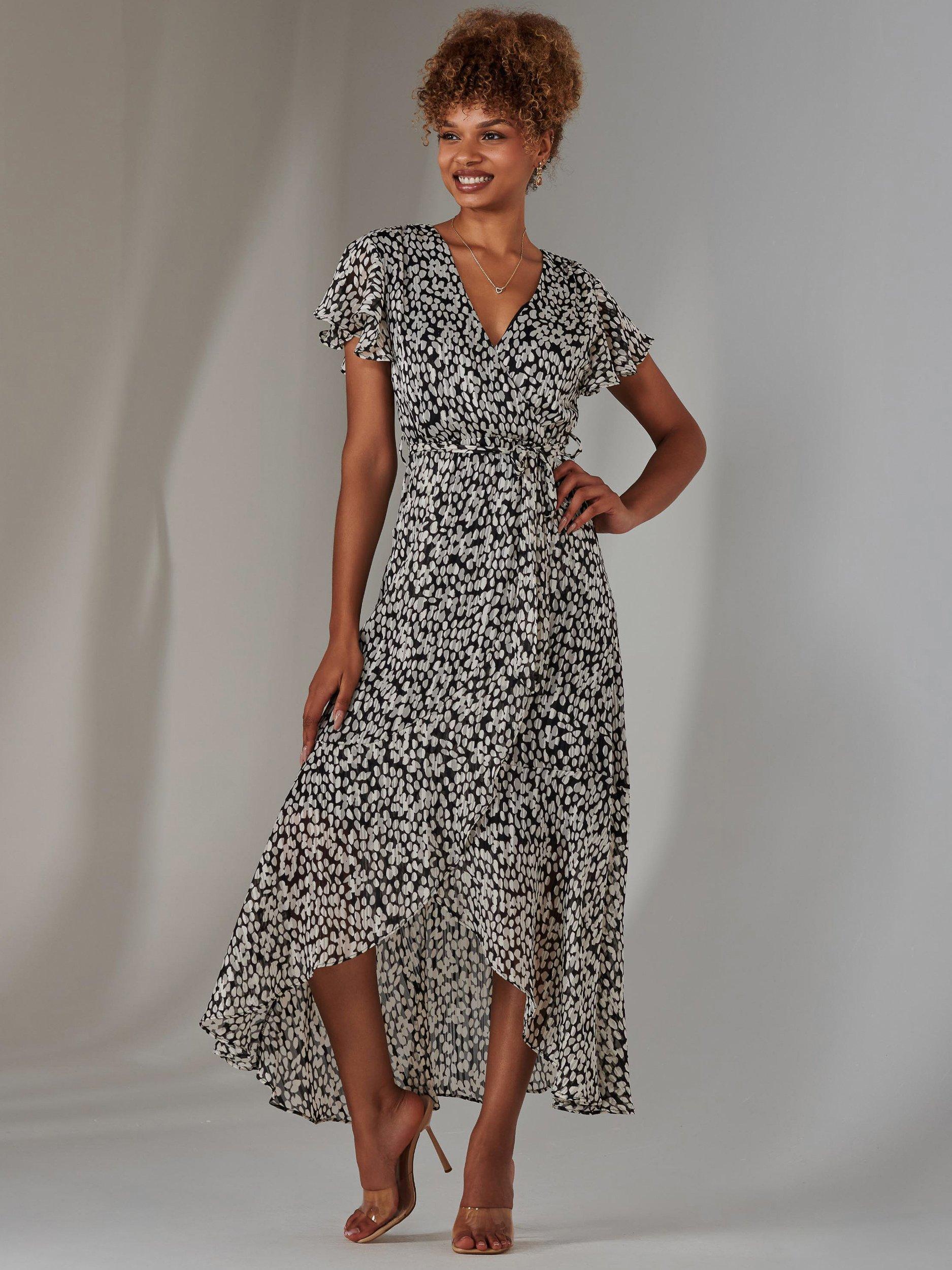 Product image 5 of 6, which shows Jolie Moi Spot Chiffon Wrap Dress, Black, 8