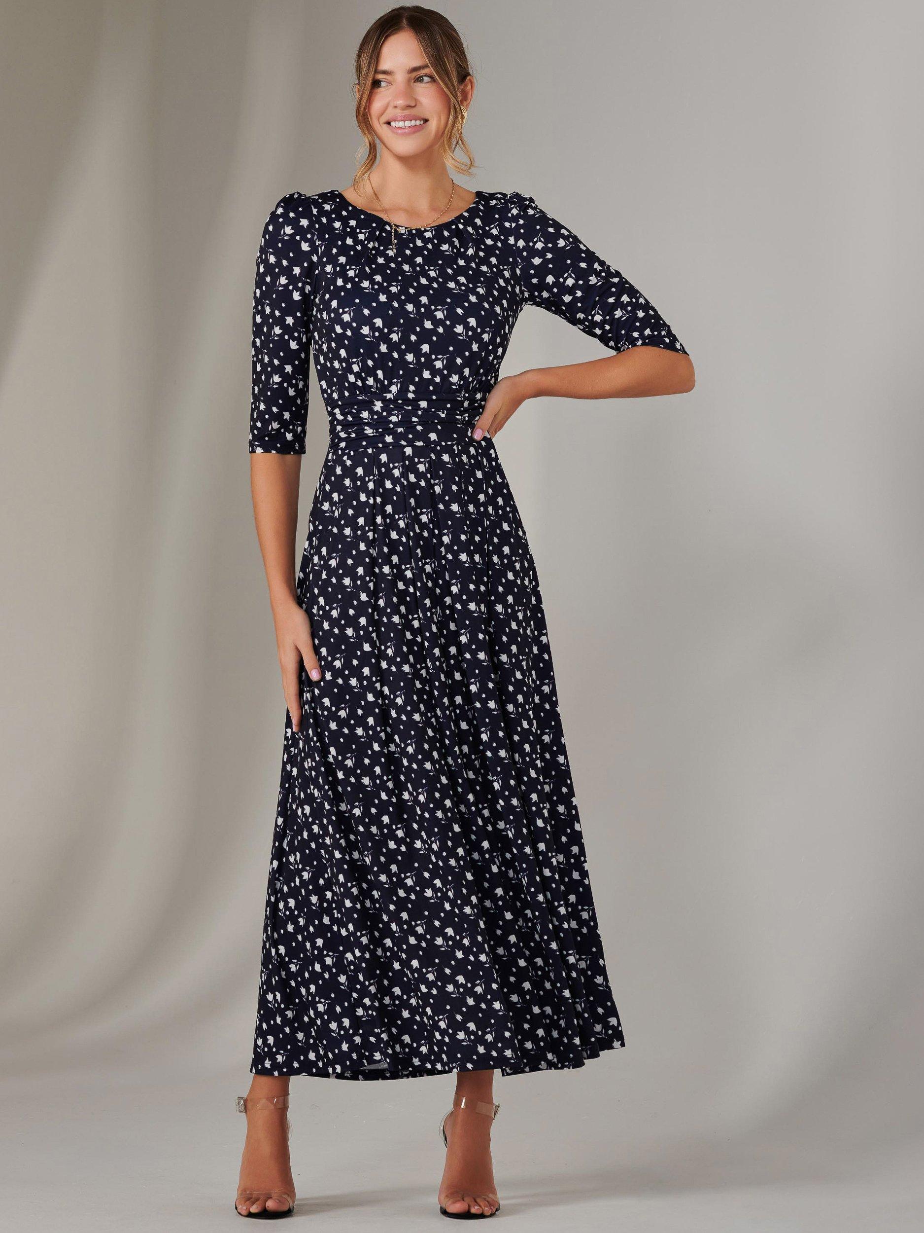 Product image 2 of 6, which shows Jolie Moi Enya Floral Jersey Dress, Navy/White, 8