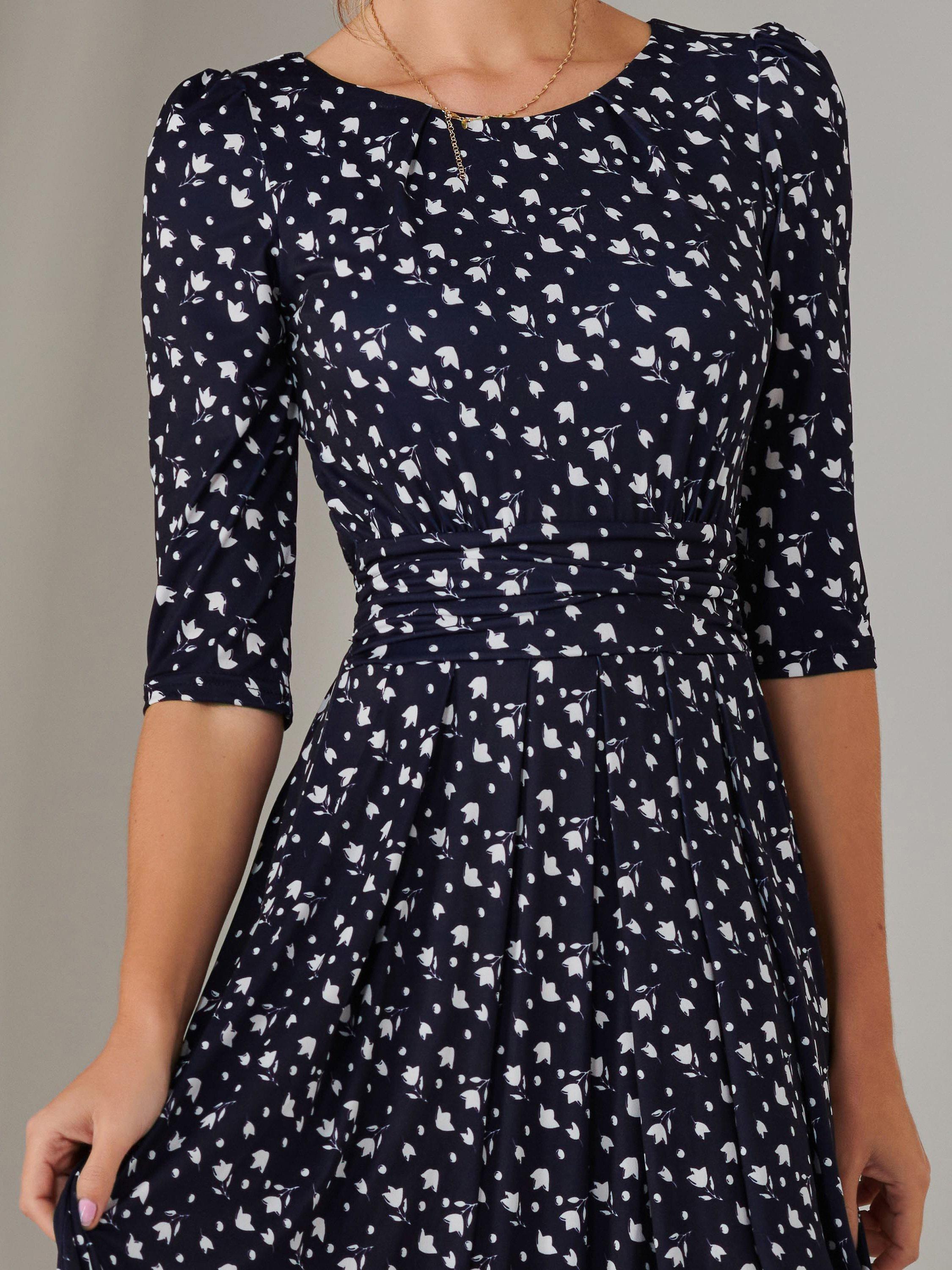 Product image 4 of 6, which shows Jolie Moi Enya Floral Jersey Dress, Navy/White, 8