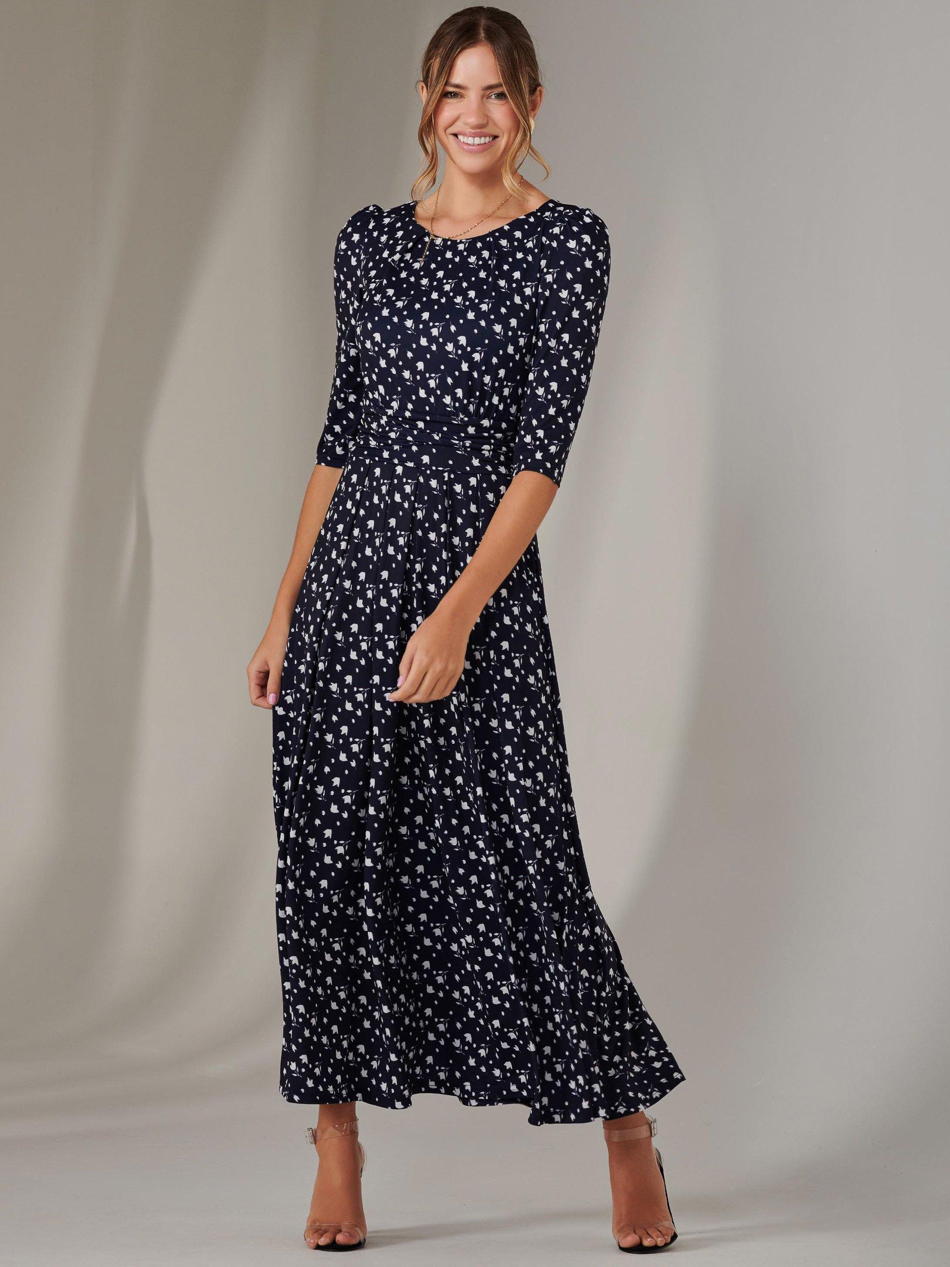 Product image 5 of 6, which shows Jolie Moi Enya Floral Jersey Dress, Navy/White, 8