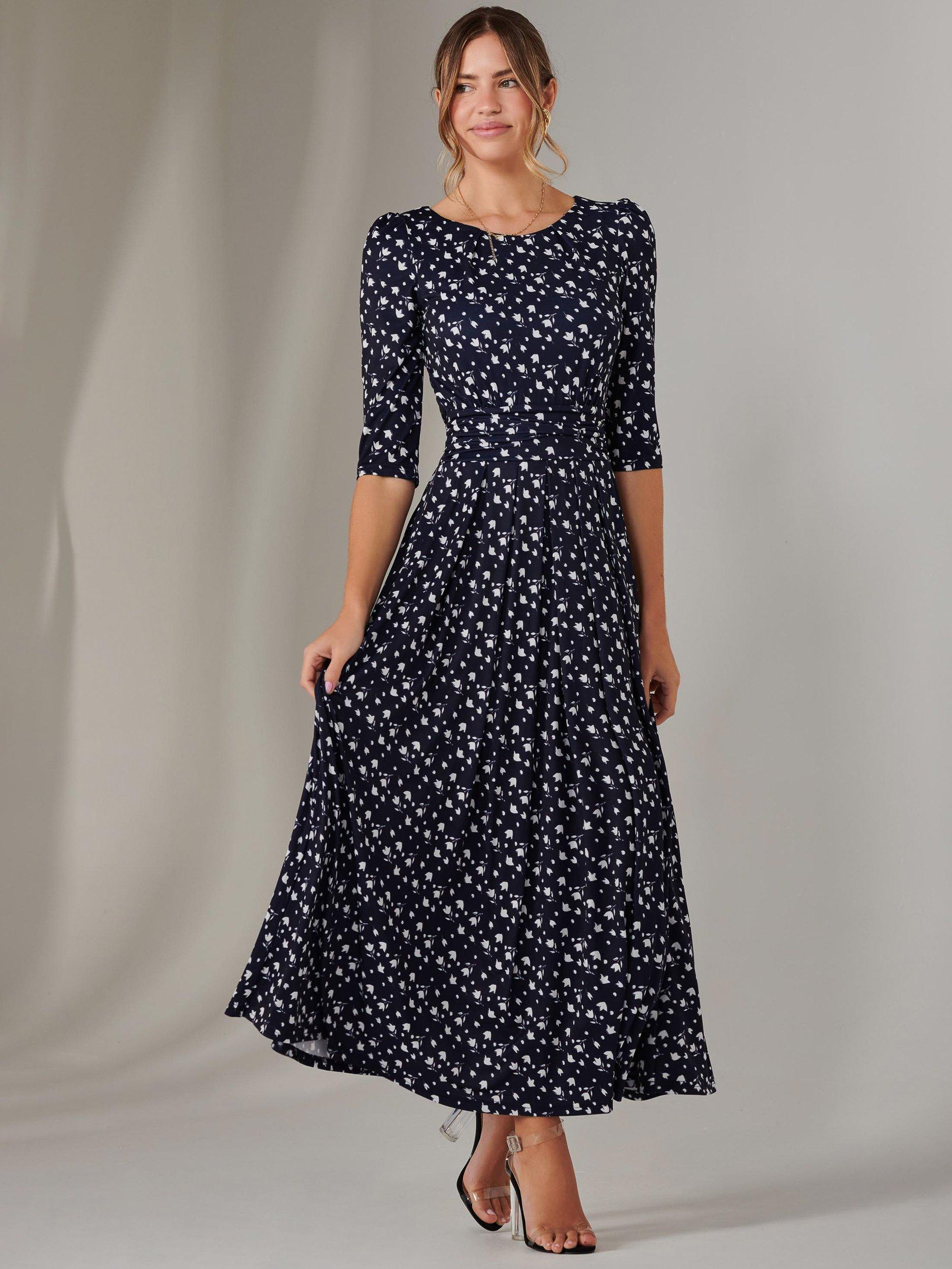 Product image 6 of 6, which shows Jolie Moi Enya Floral Jersey Dress, Navy/White, 8