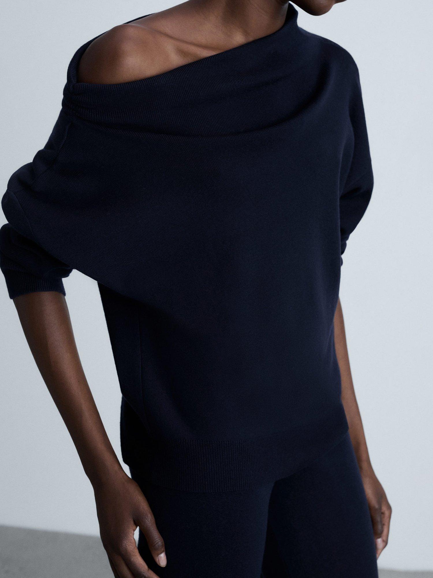 Product image 1 of 8, which shows Mango Plegam Asymmetric Neck Jumper, Navy, XXS