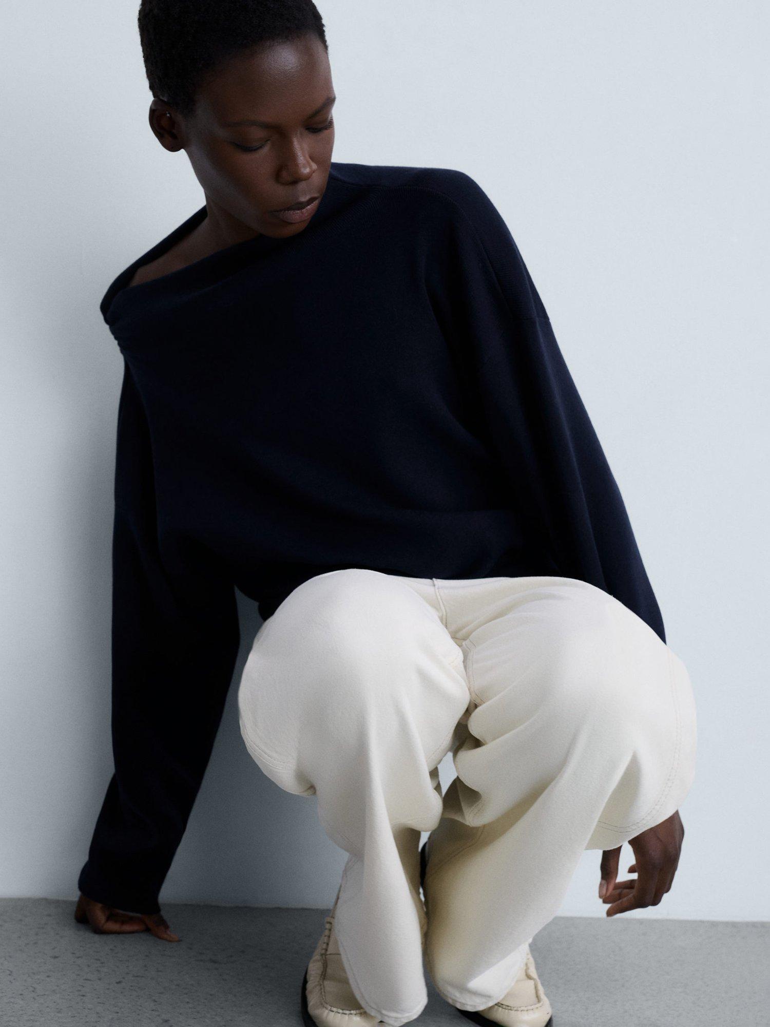 Product image 7 of 8, which shows Mango Plegam Asymmetric Neck Jumper, Navy, XXS