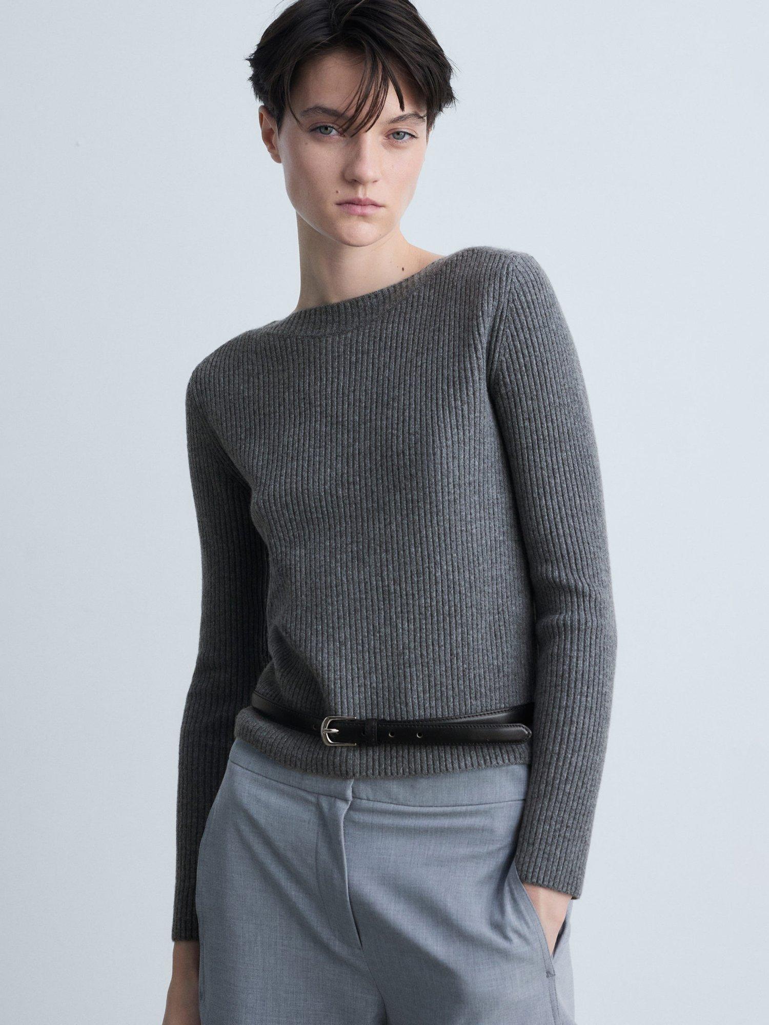 Mango Brule Ribbed Boat Neck Jumper, Charcoal