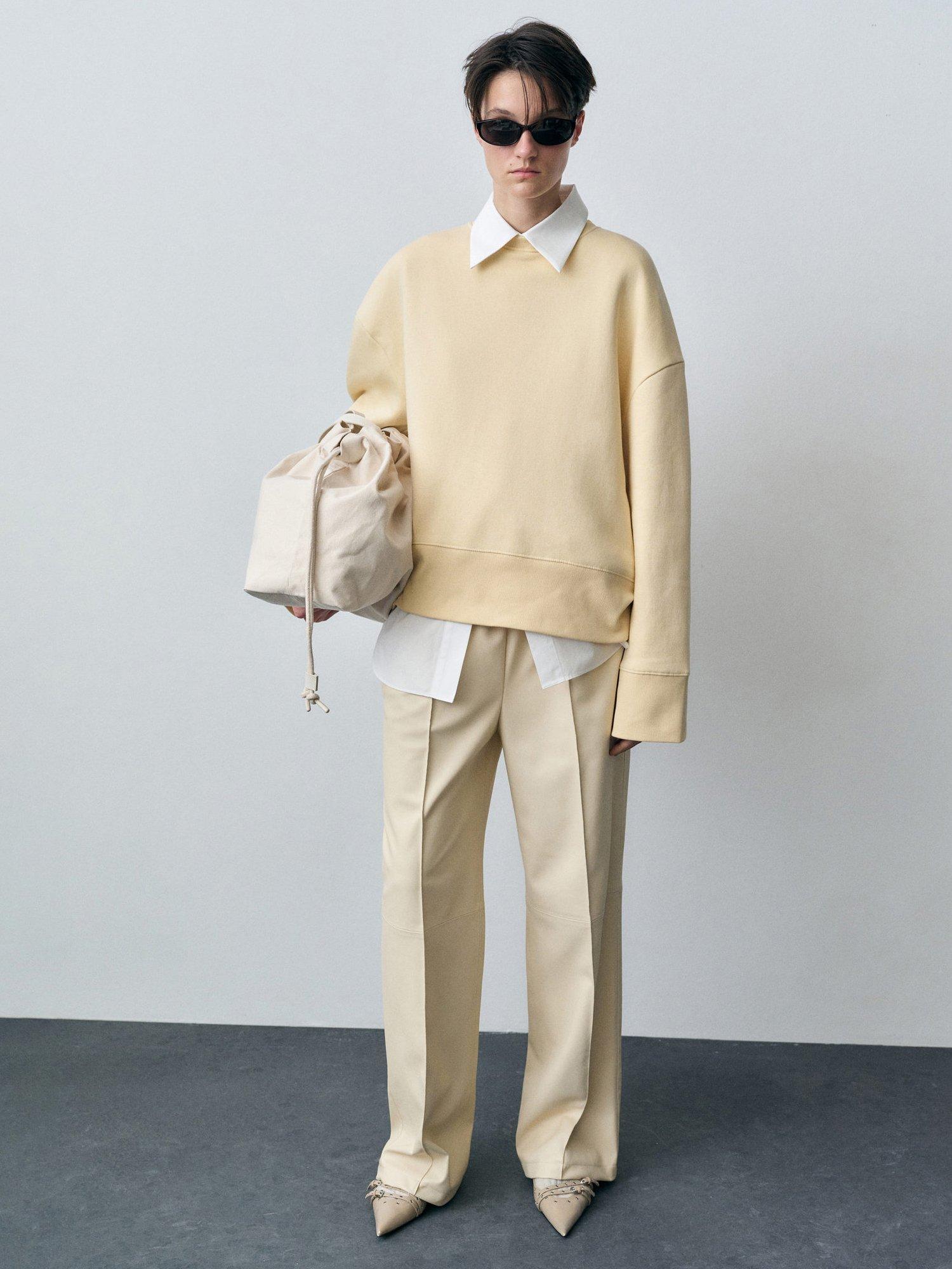 Product image 2 of 8, which shows Mango Nathalia Wide Leg Faux Leather Trousers, Cream, 10