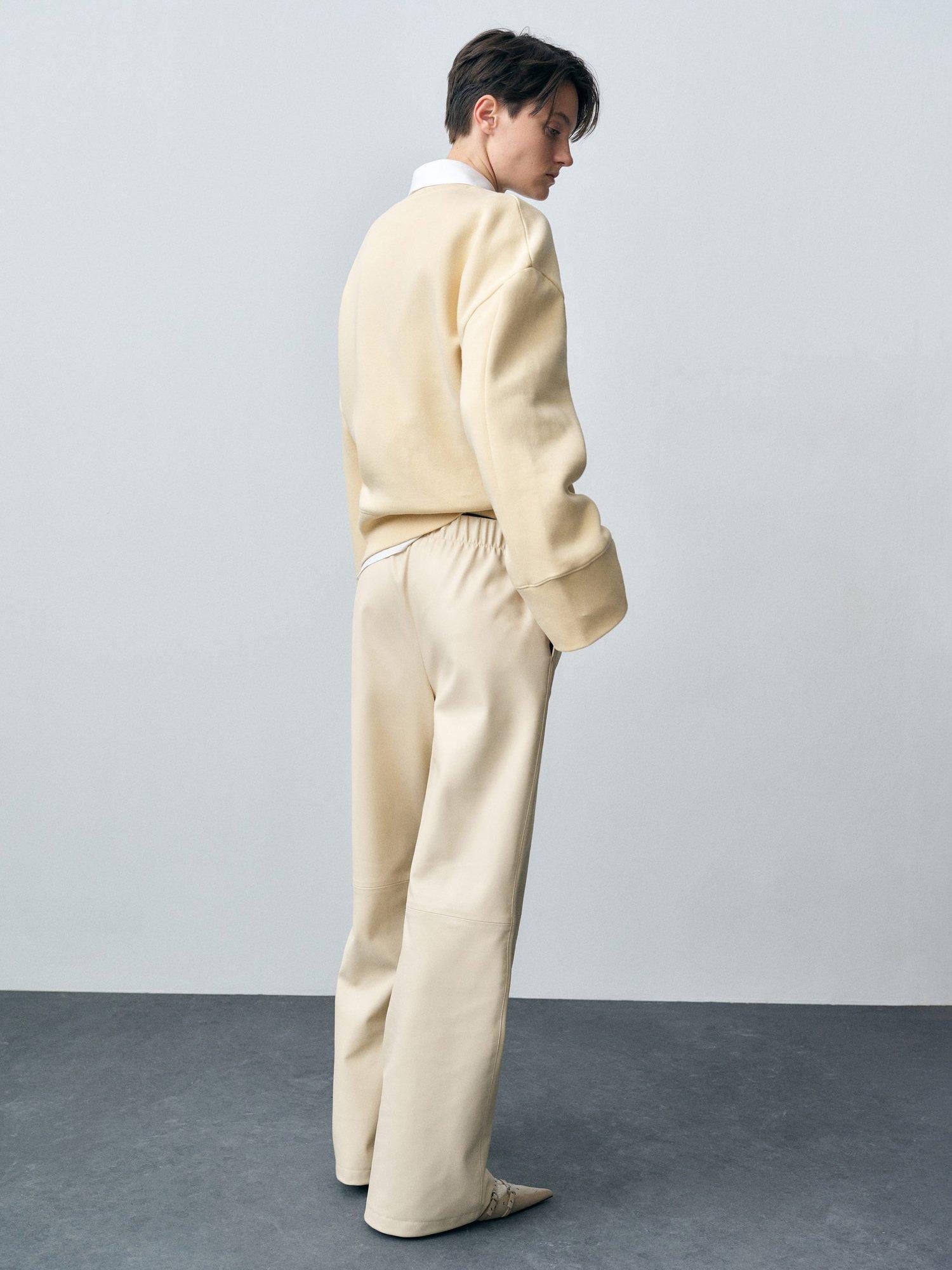 Product image 4 of 8, which shows Mango Nathalia Wide Leg Faux Leather Trousers, Cream, 10