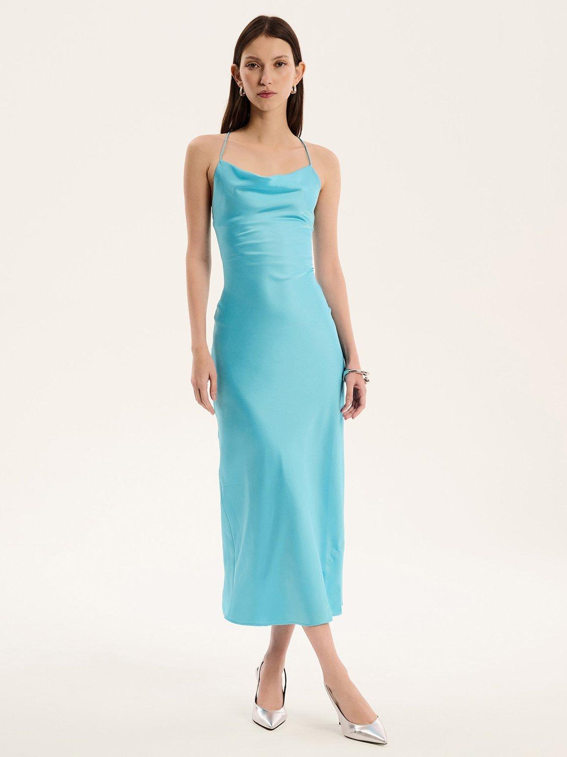 Product image 1 of 4, which shows OMNES Riviera Tie Back Satin Dress, Turquoise, 6