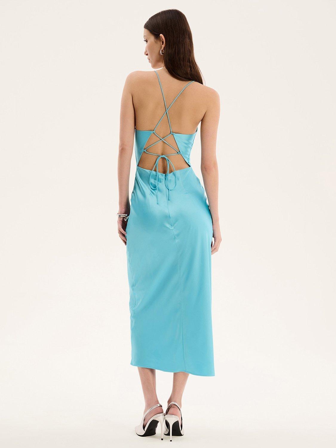 Product image 3 of 4, which shows OMNES Riviera Tie Back Satin Dress, Turquoise, 6
