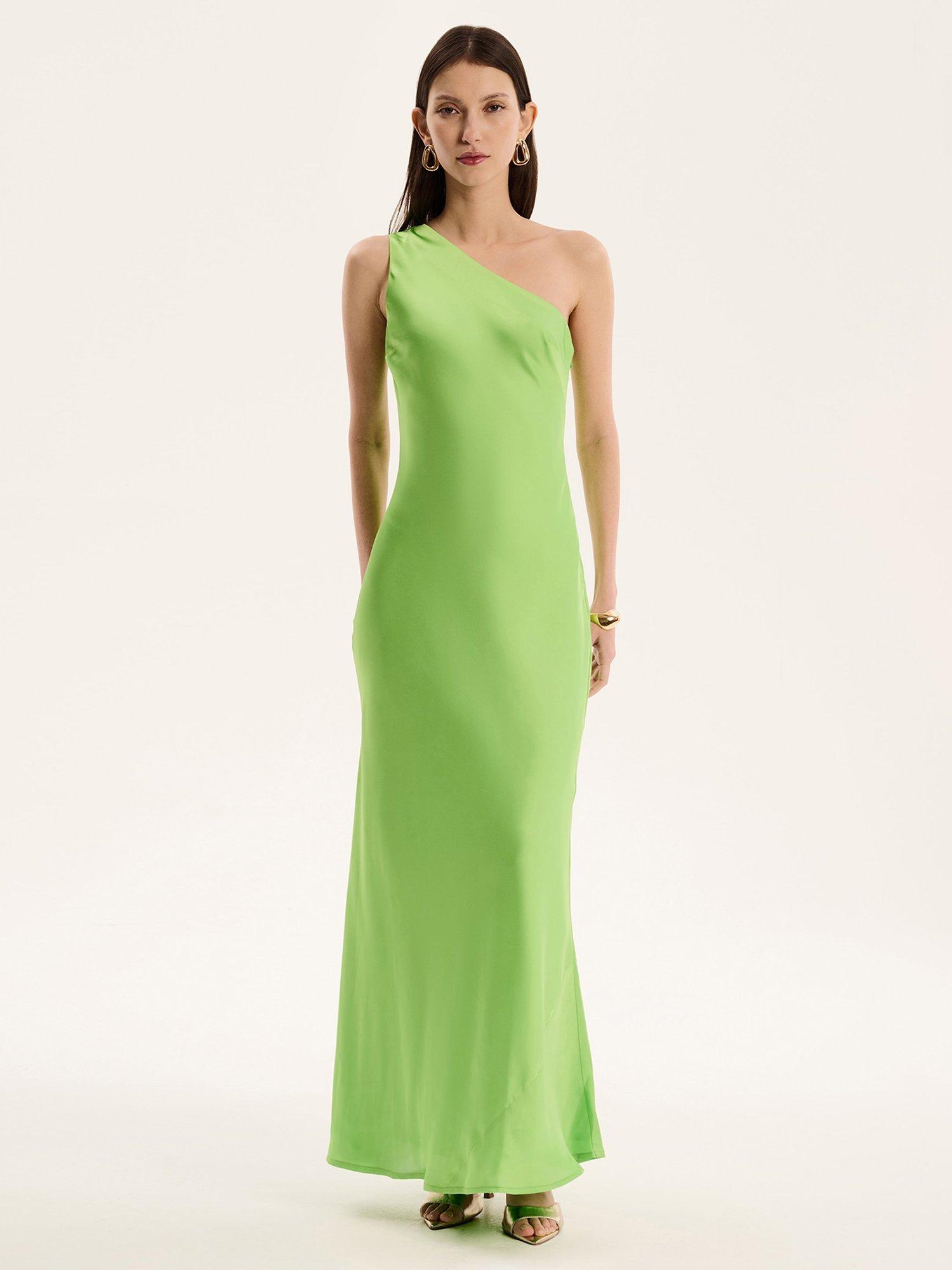 Product image 1 of 5, which shows OMNES Uma Asymmetric Satin Dress, Lime, 6