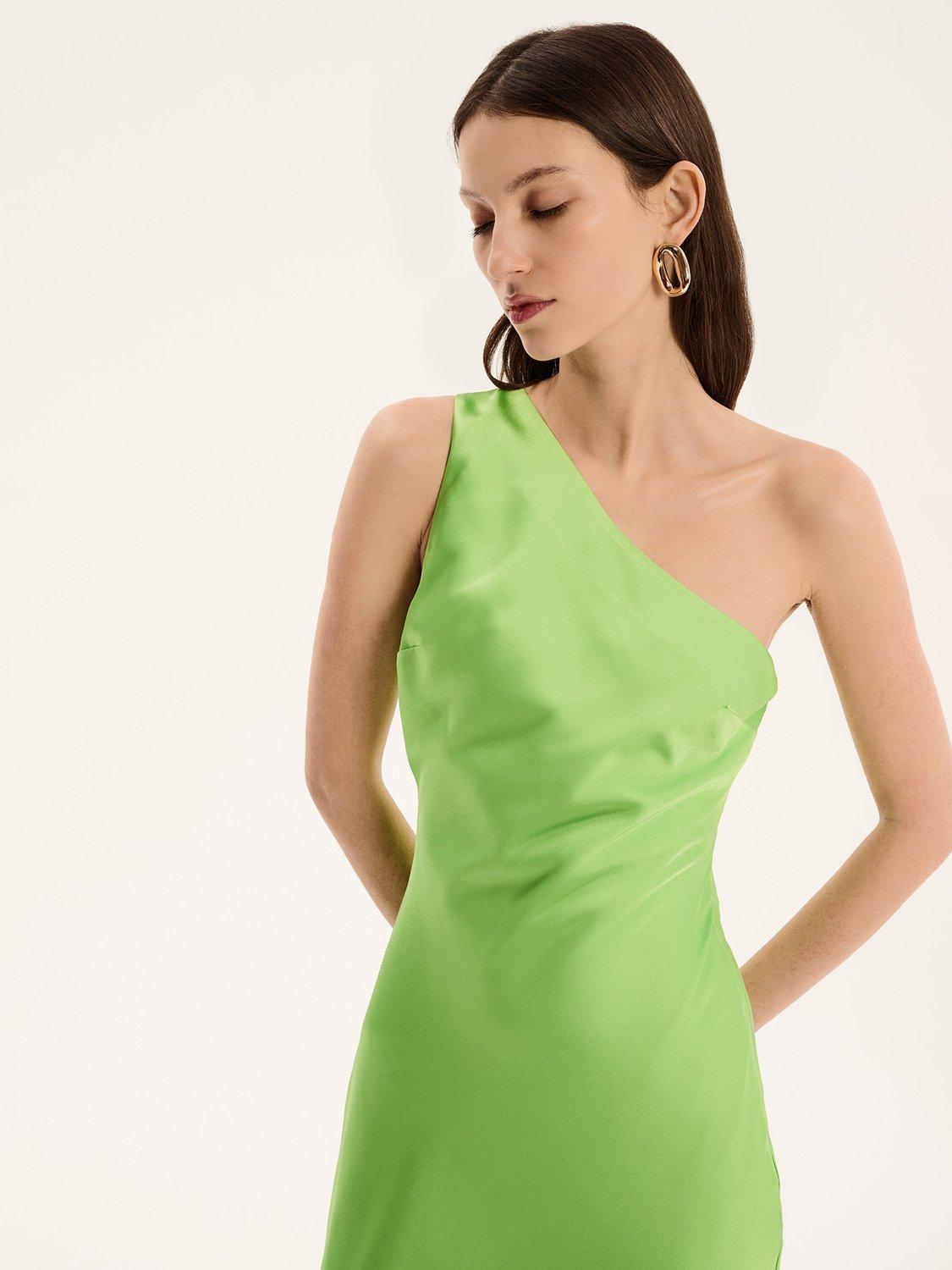 Product image 3 of 5, which shows OMNES Uma Asymmetric Satin Dress, Lime, 6