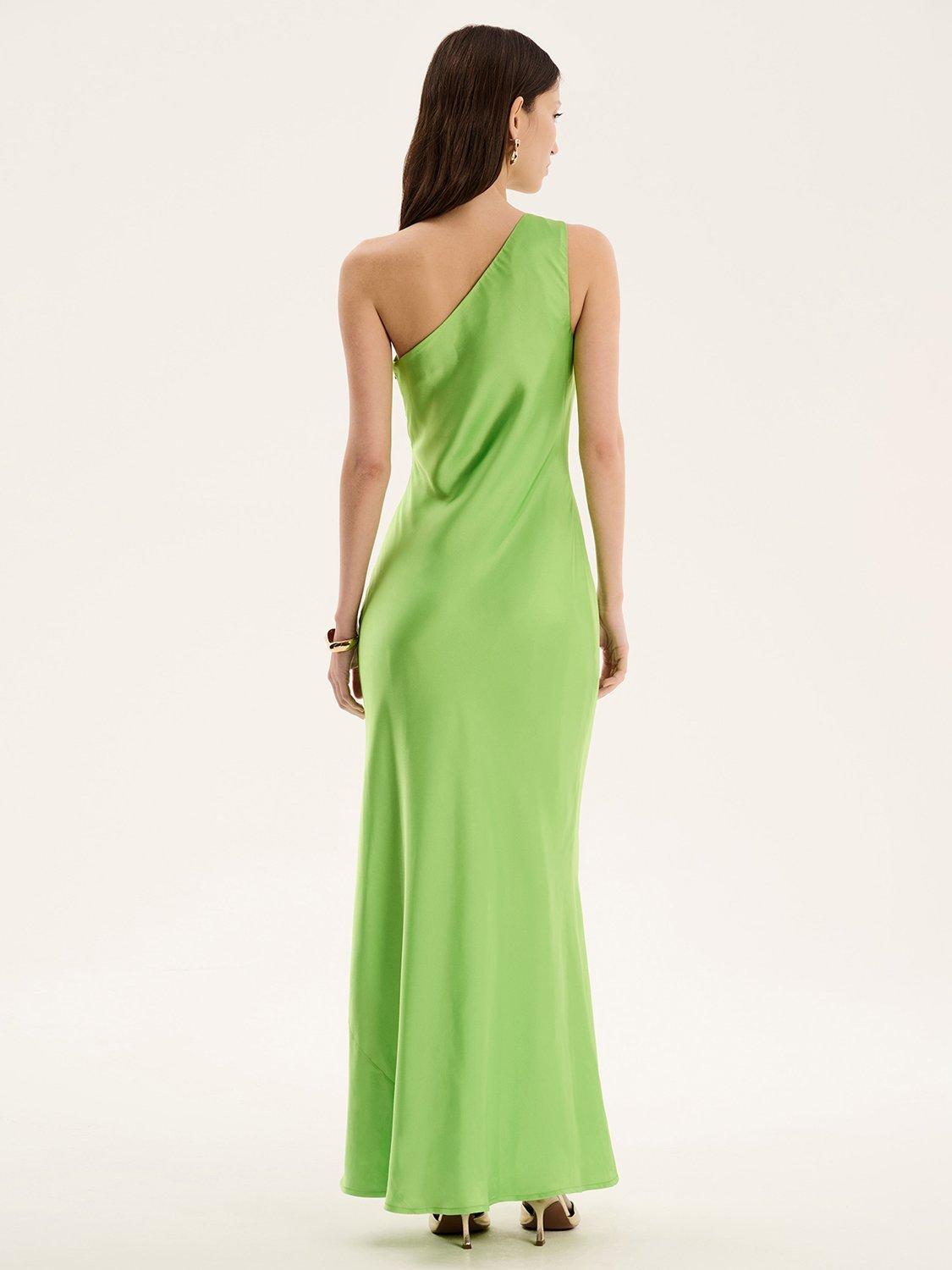 Product image 4 of 5, which shows OMNES Uma Asymmetric Satin Dress, Lime, 6
