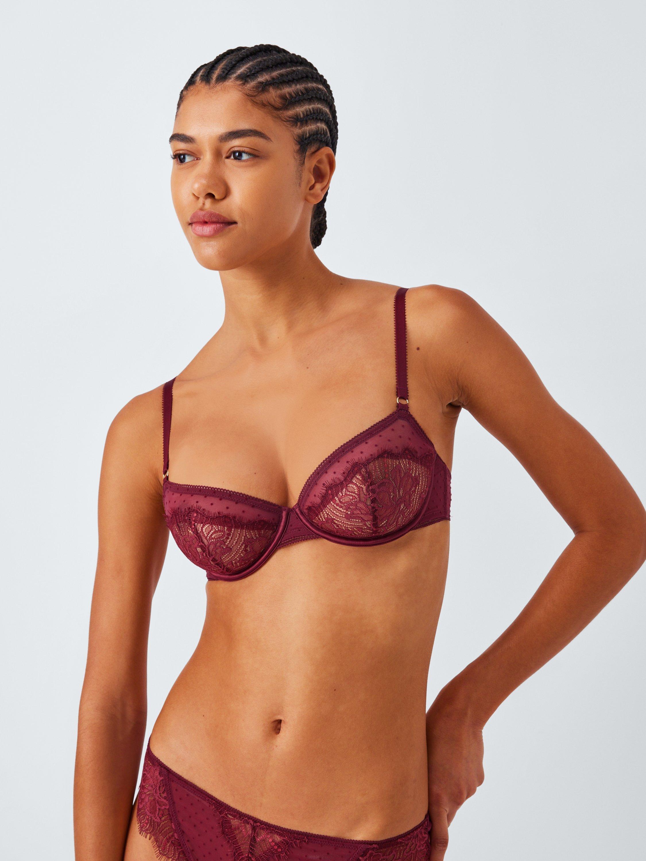 Product image 1 of 10, which shows John Lewis Alina Lace Balcony Bra, Burgundy, 30D