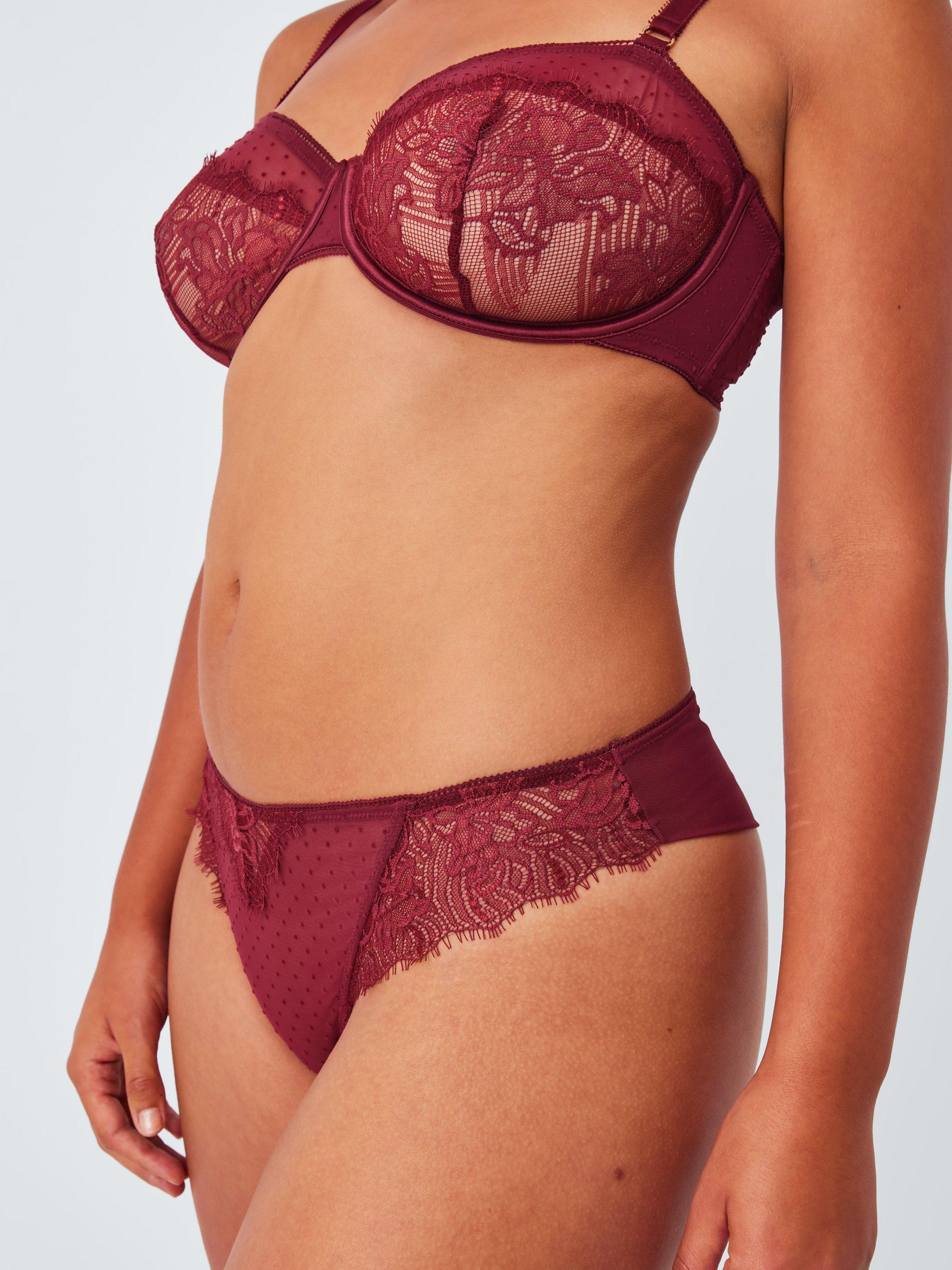 Product image 10 of 10, which shows John Lewis Alina Lace Detail Brazilian Knickers, Burgundy, 8
