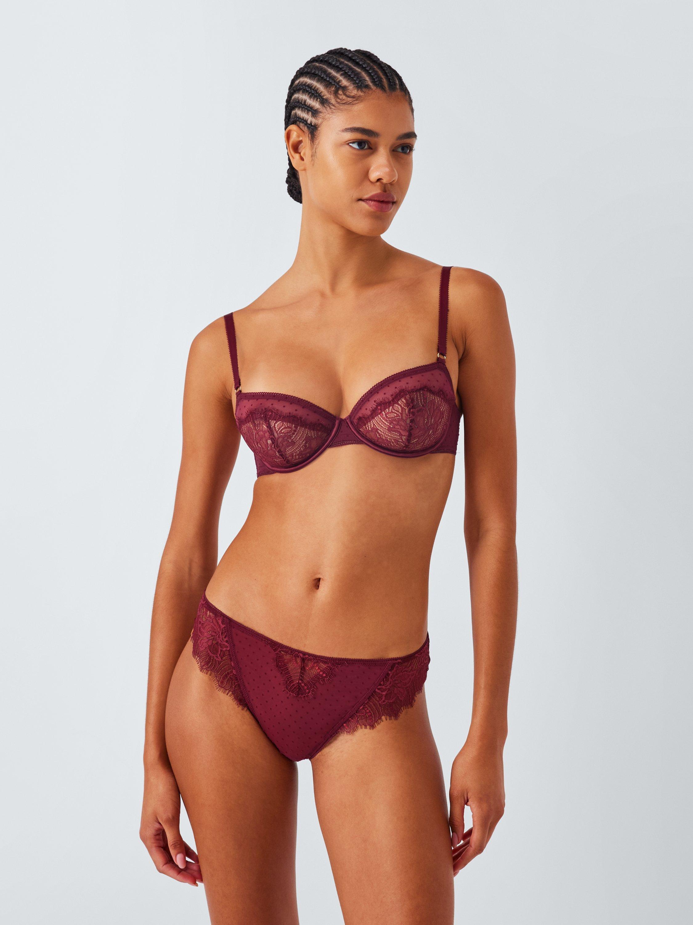 Product image 3 of 10, which shows John Lewis Alina Lace Detail Brazilian Knickers, Burgundy, 8