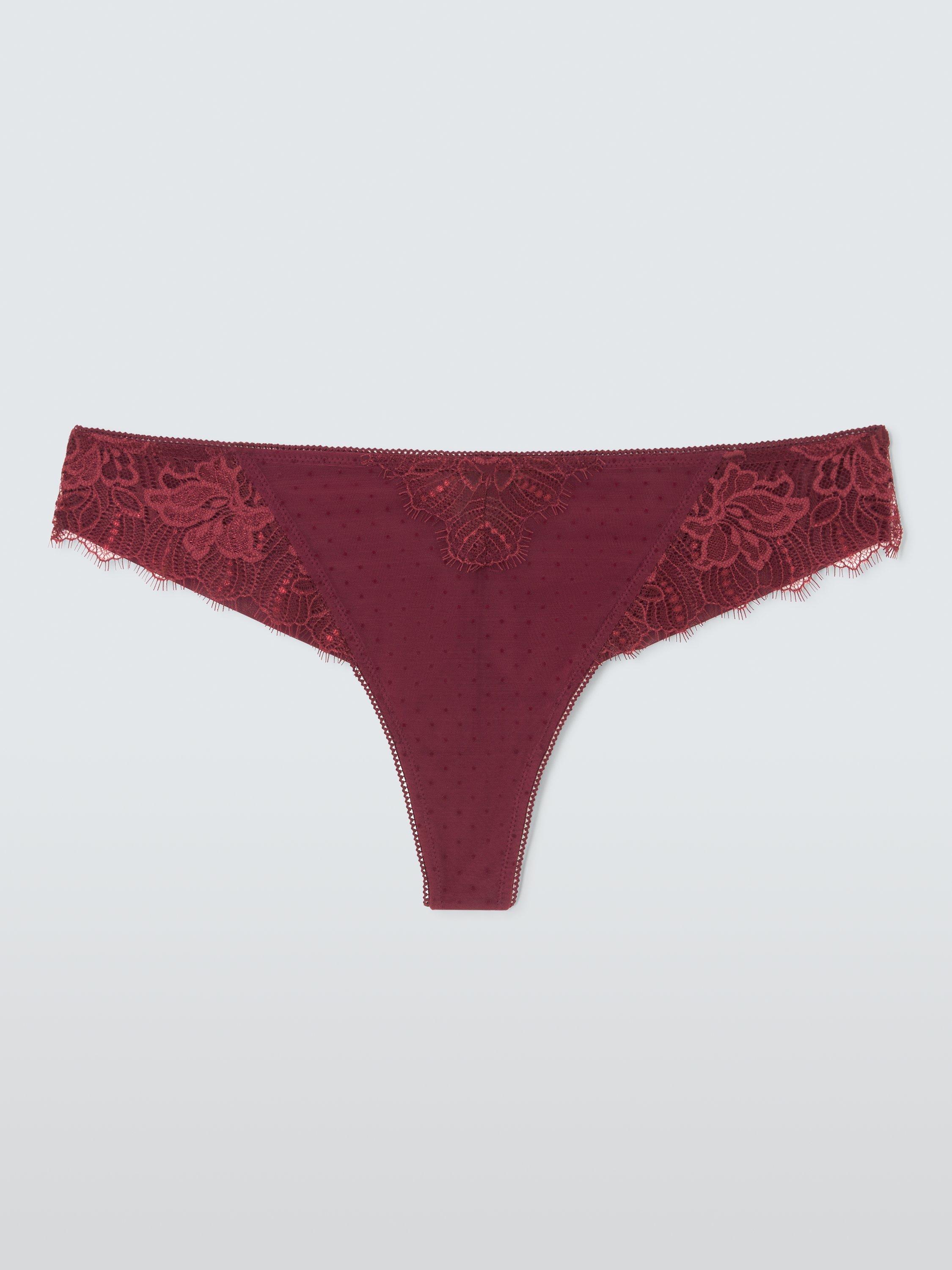 Product image 4 of 10, which shows John Lewis Alina Lace Detail Brazilian Knickers, Burgundy, 8
