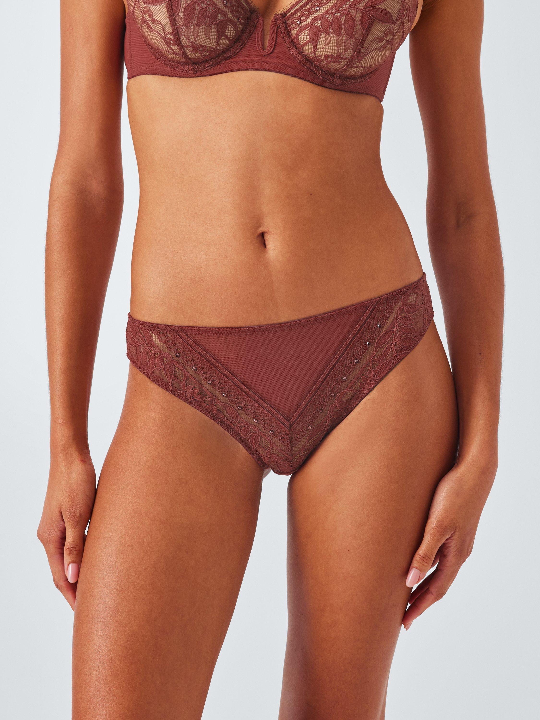 Product image 1 of 10, which shows John Lewis Lucia Embellished Lace Bikini Knickers, Spiced Apple, 8