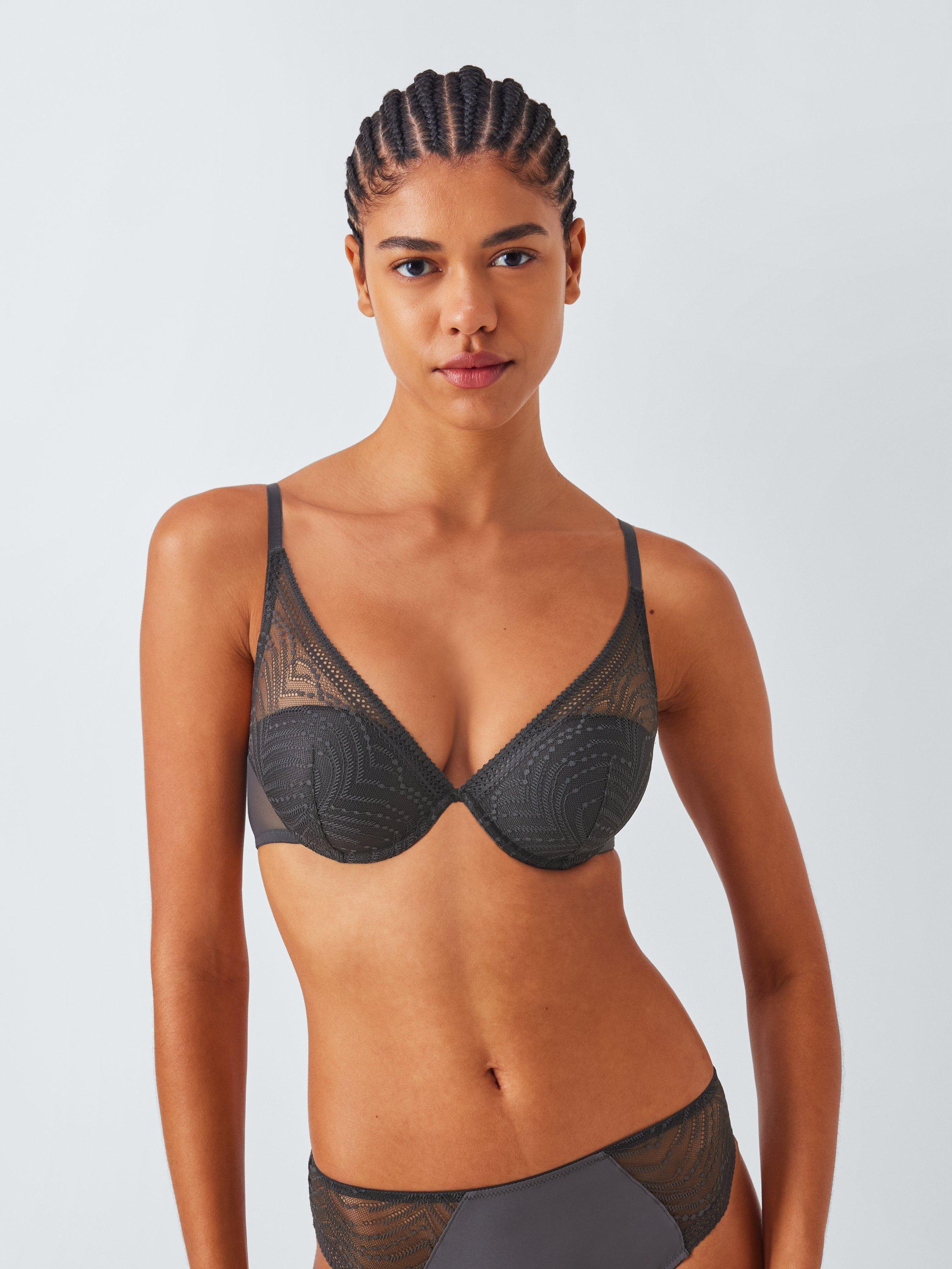 Product image 1 of 11, which shows John Lewis Eloise High Apex Underwired Padded Plunge Bra, Graphite, 30B