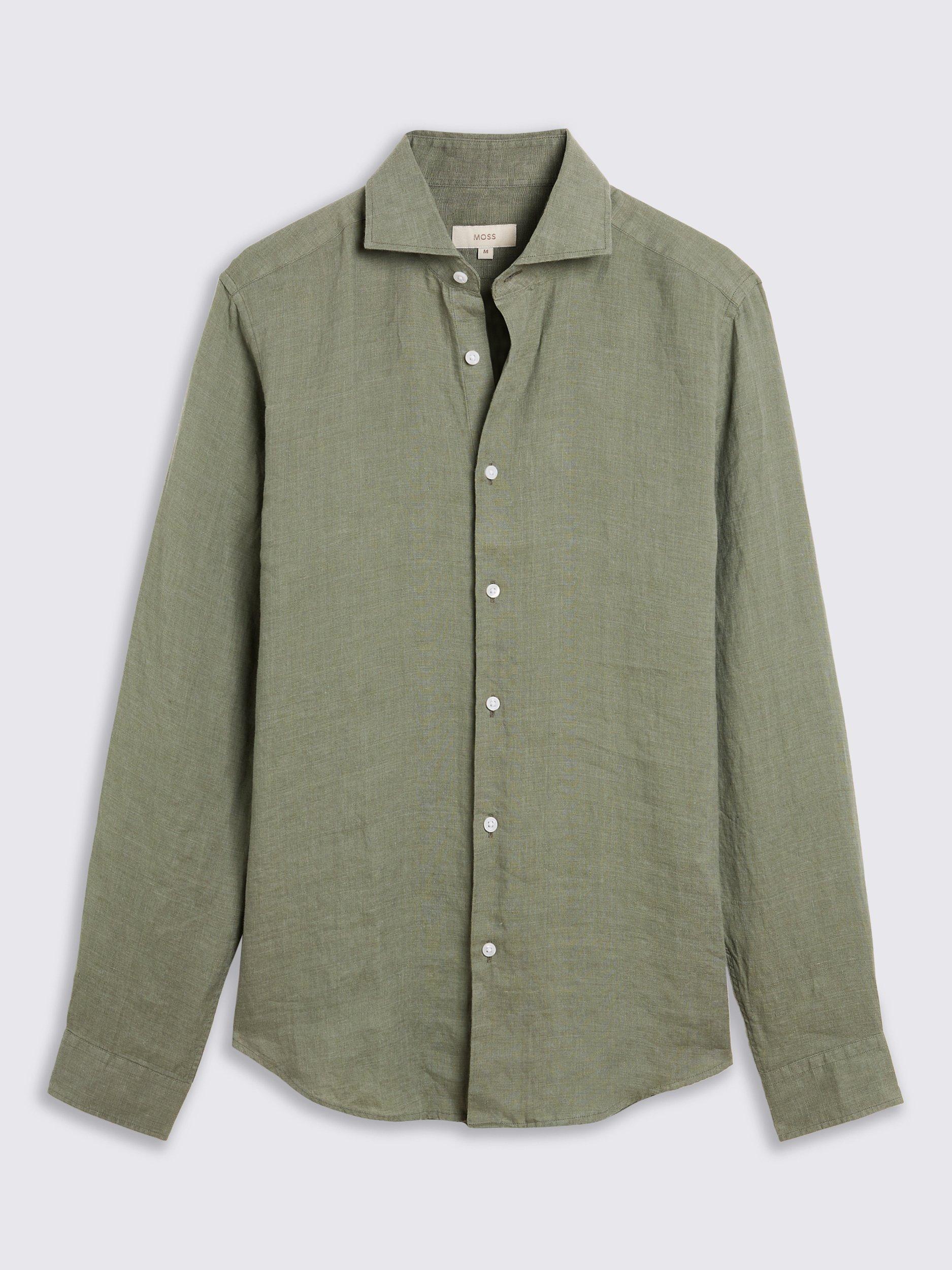Product image 4 of 5, which shows Moss Tailored Fit Linen Long Sleeve Shirt, Green, S