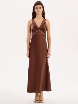 OMNES Aurelia Satin Lace Trim Dress, Brown