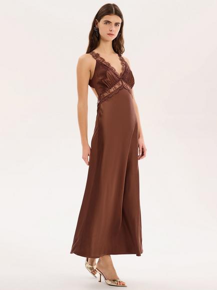OMNES Aurelia Satin Lace Trim Dress - view 2, Brown