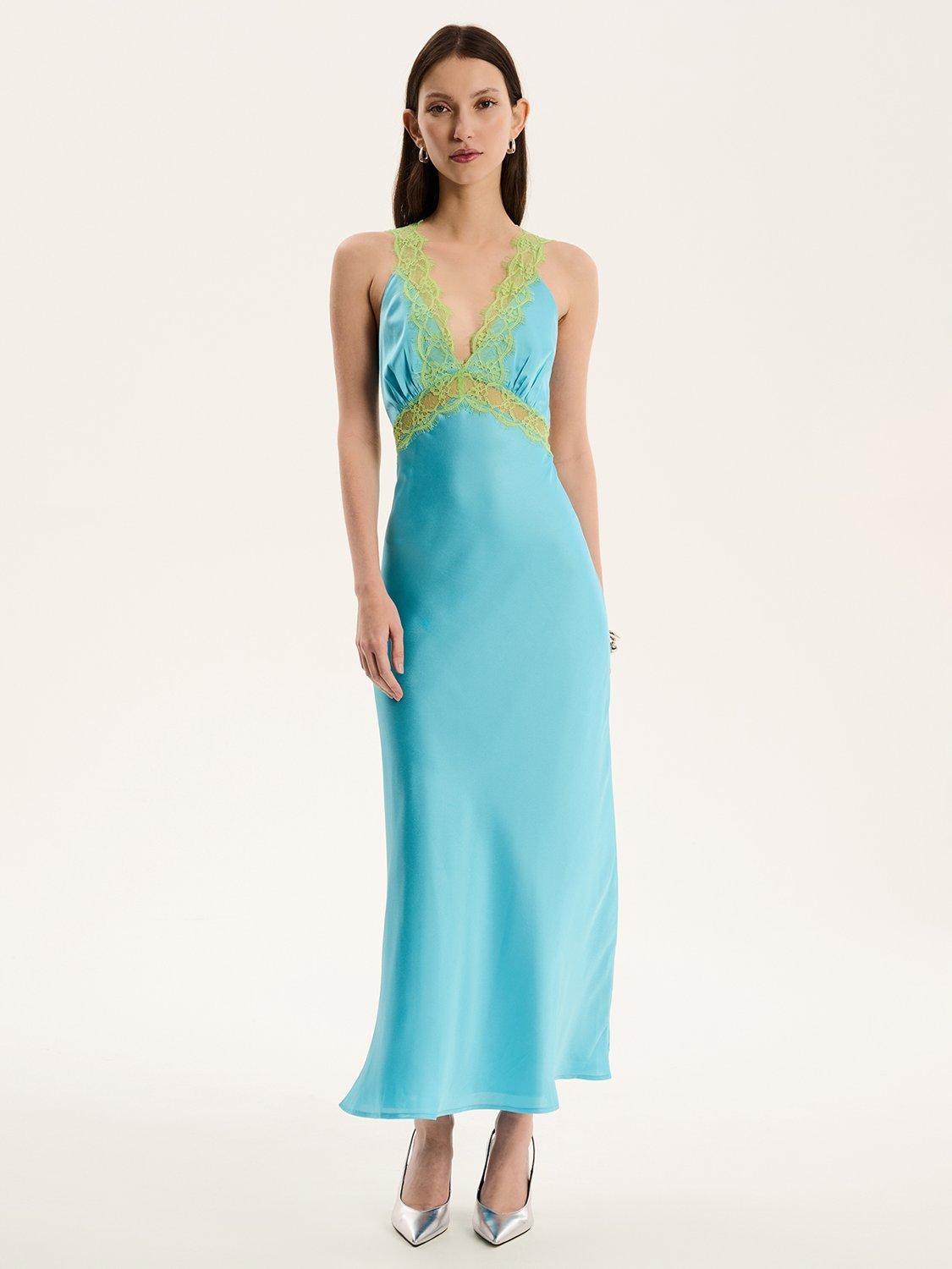 Product image 1 of 6, which shows OMNES Aurelia Satin Lace Trim Dress, Turquoise, 4