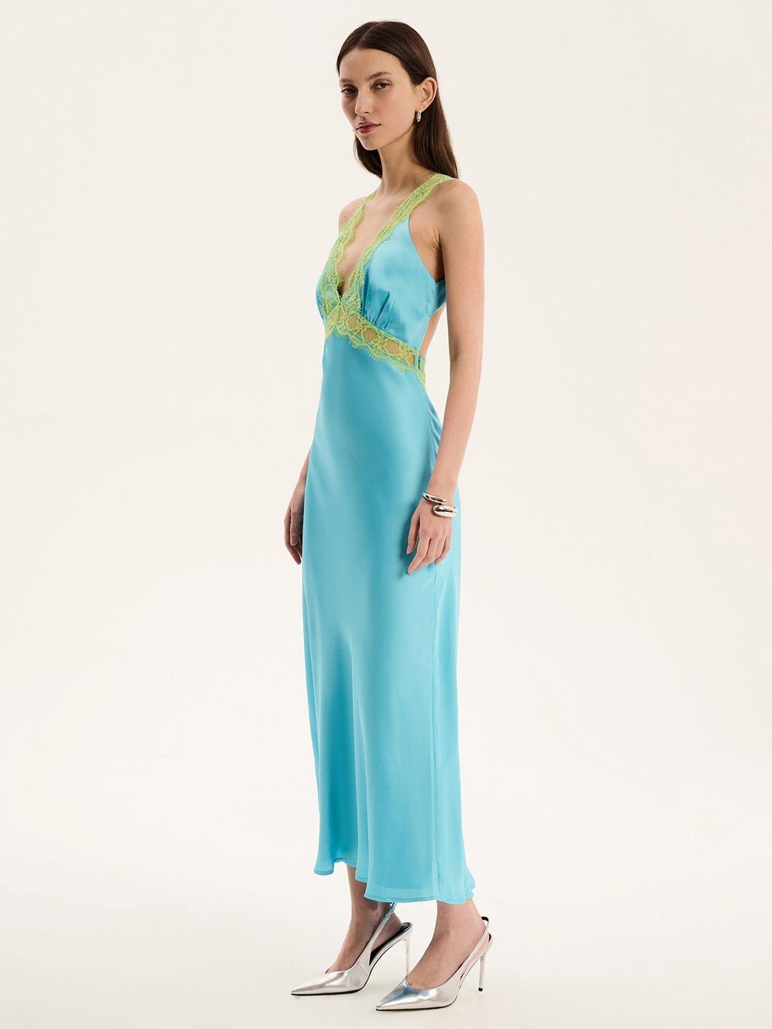 Product image 3 of 6, which shows OMNES Aurelia Satin Lace Trim Dress, Turquoise, 4